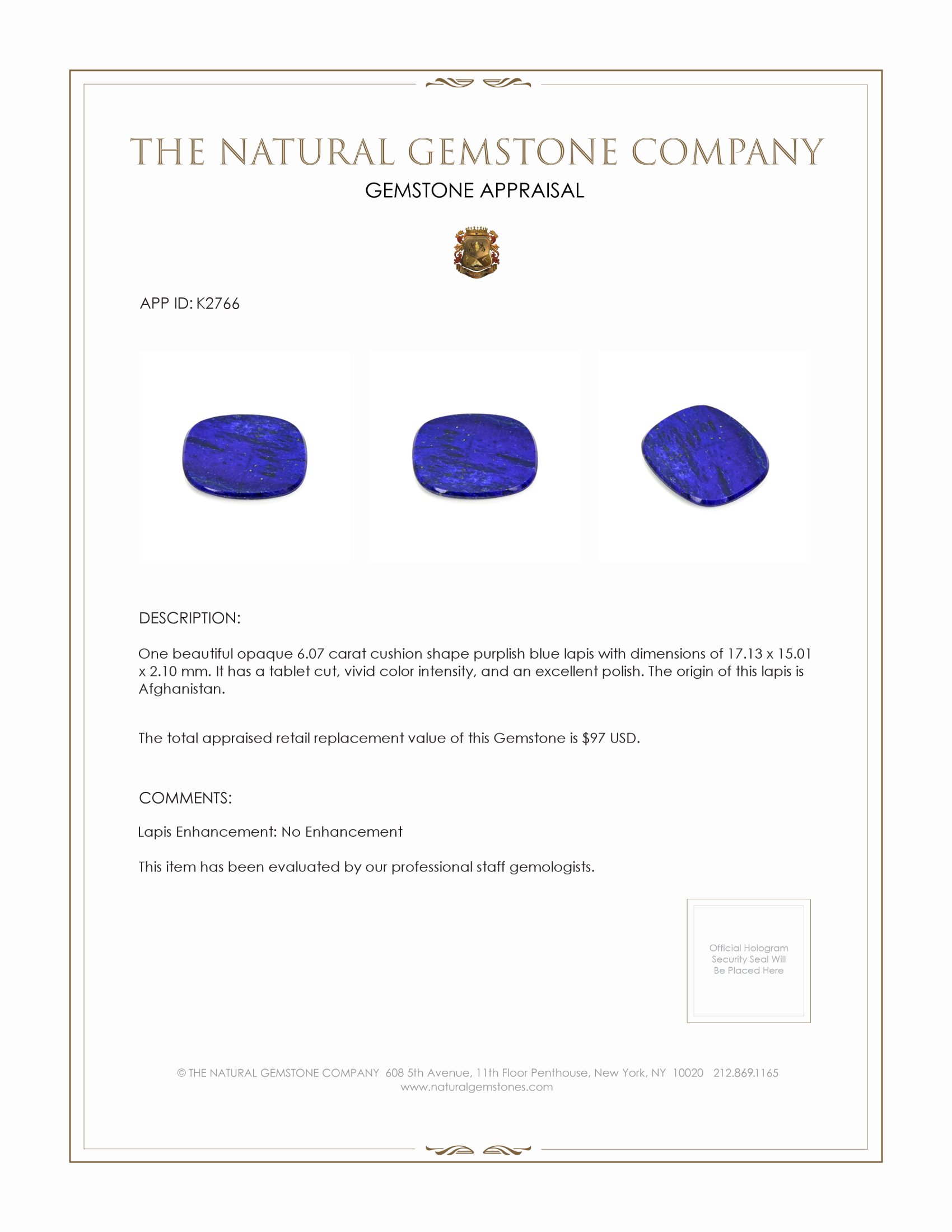 6.07 Ct. Lapis from Afghanistan
