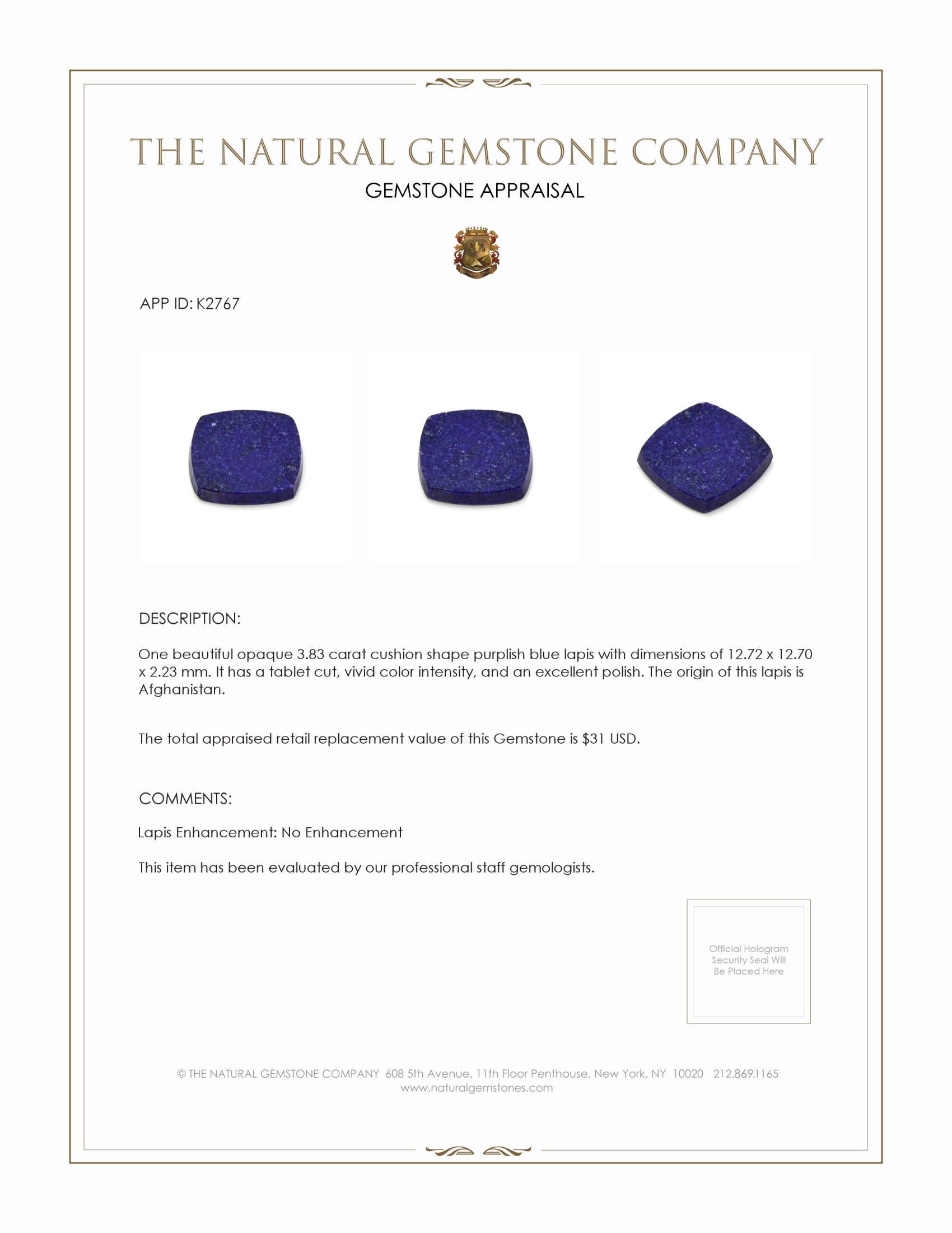 3.83 Ct. Lapis from Afghanistan