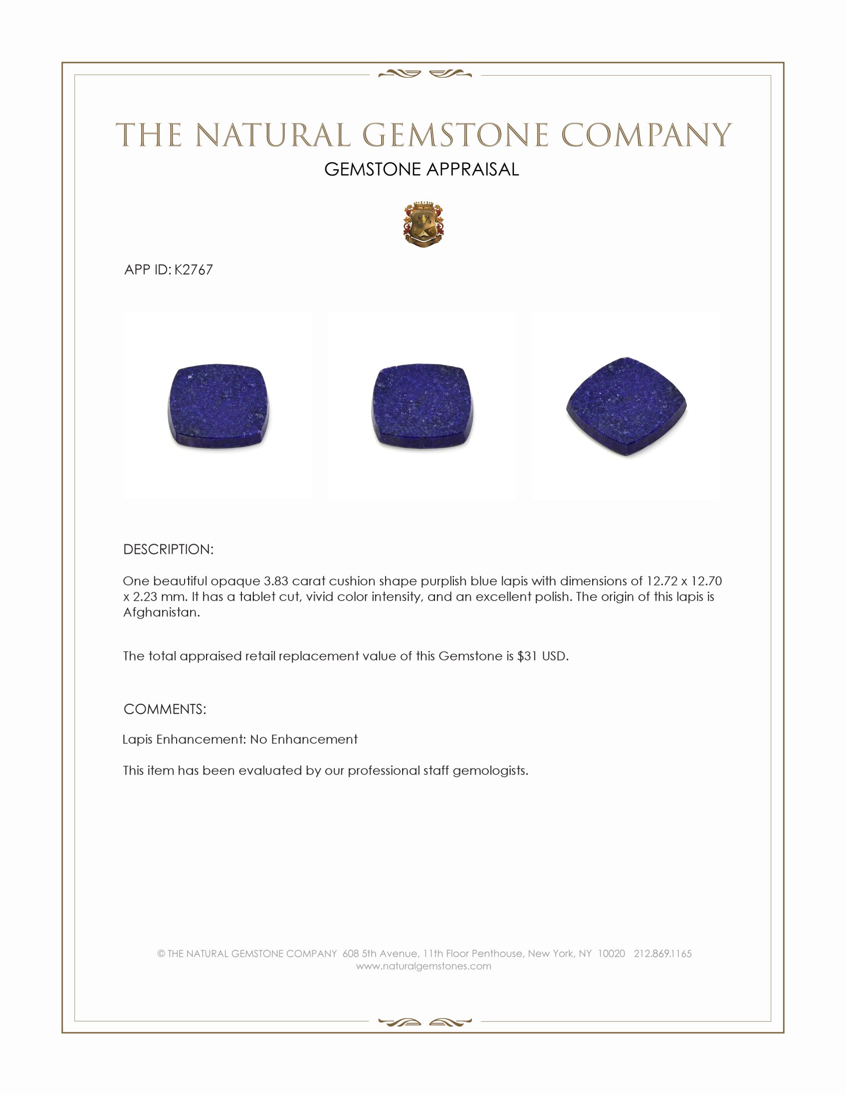 3.83 Ct. Lapis from Afghanistan