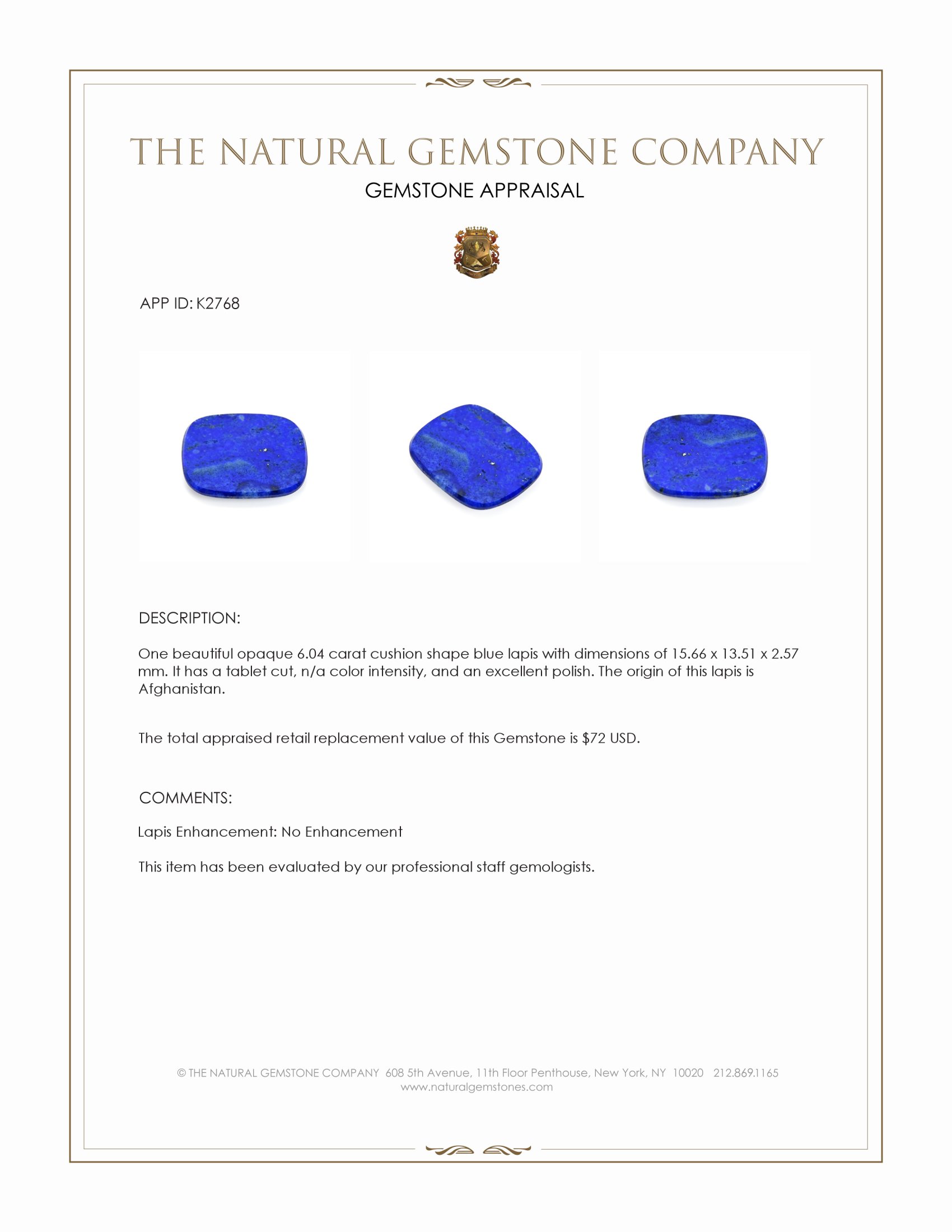 6.04 Ct. Lapis from Afghanistan