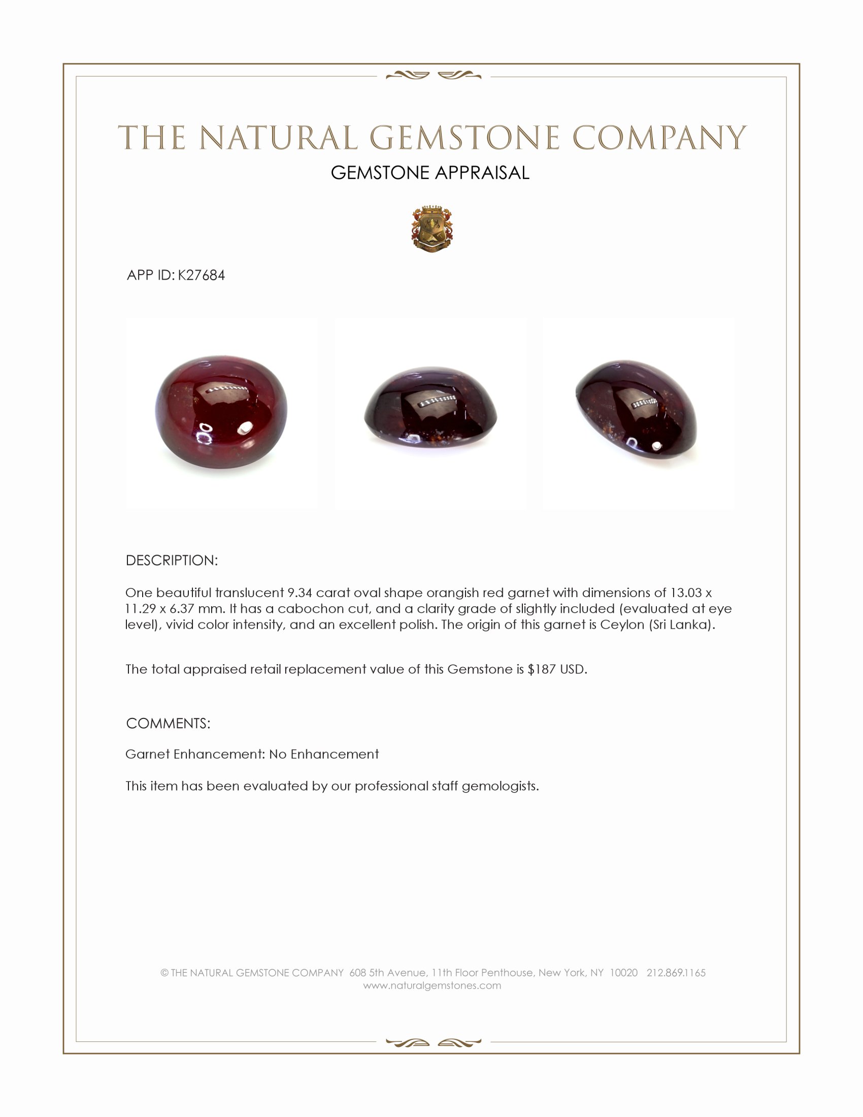 9.34 Ct. Orangish Red Cabochon Garnet from Ceylon (Sri Lanka)