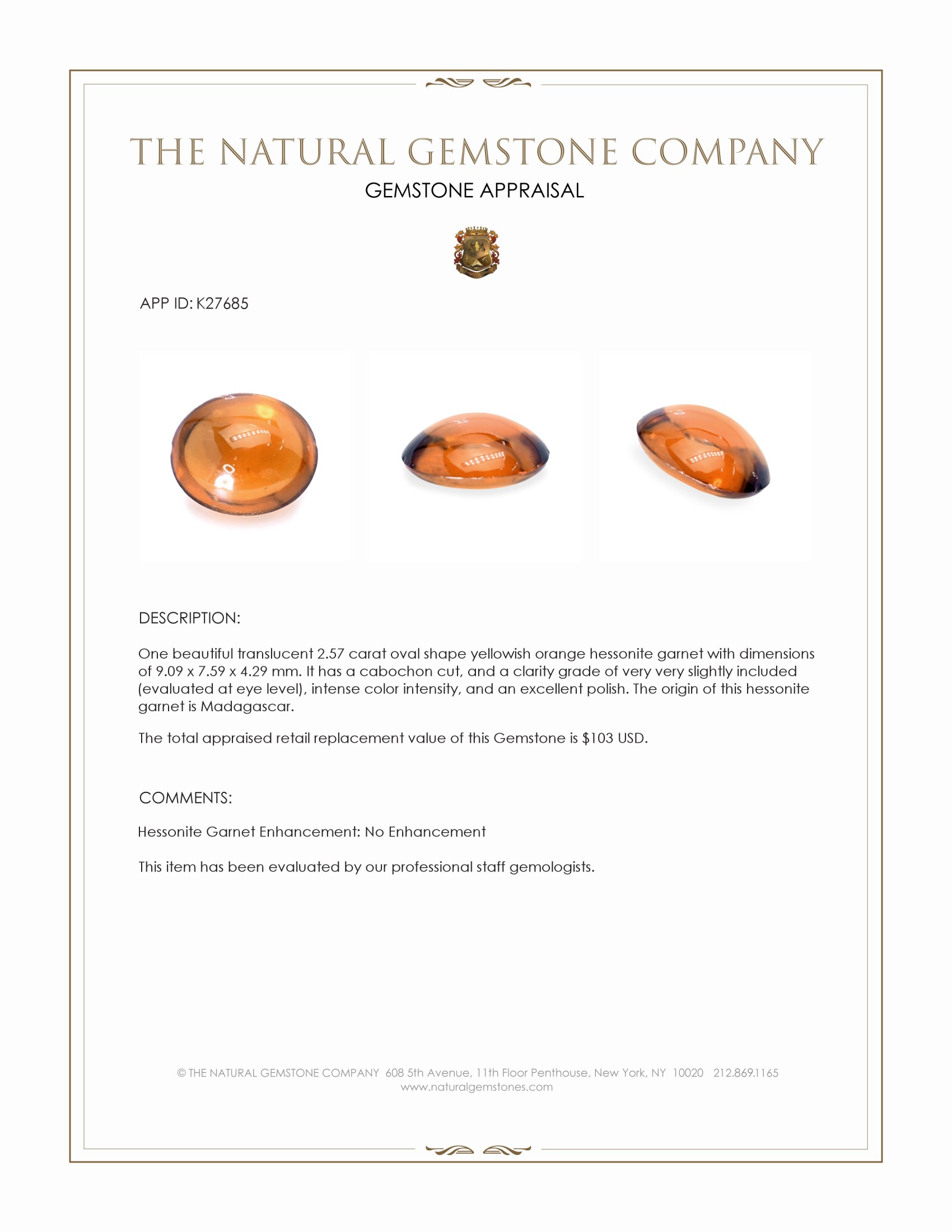 2.57 Ct. Yellowish Orange Cabochon Hessonite Garnet from Madagascar