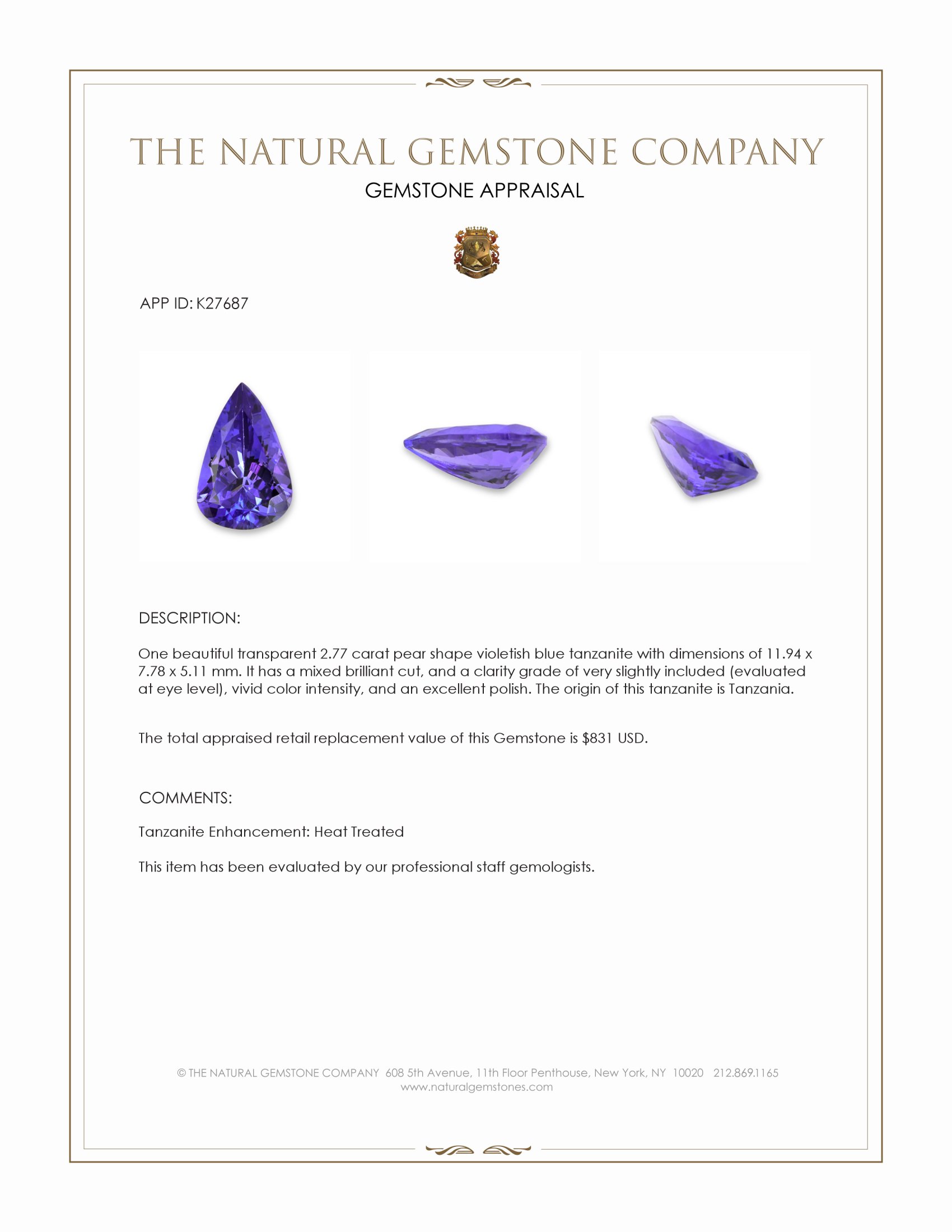 2.77 Ct. Violetish Blue Tanzanite from Tanzania