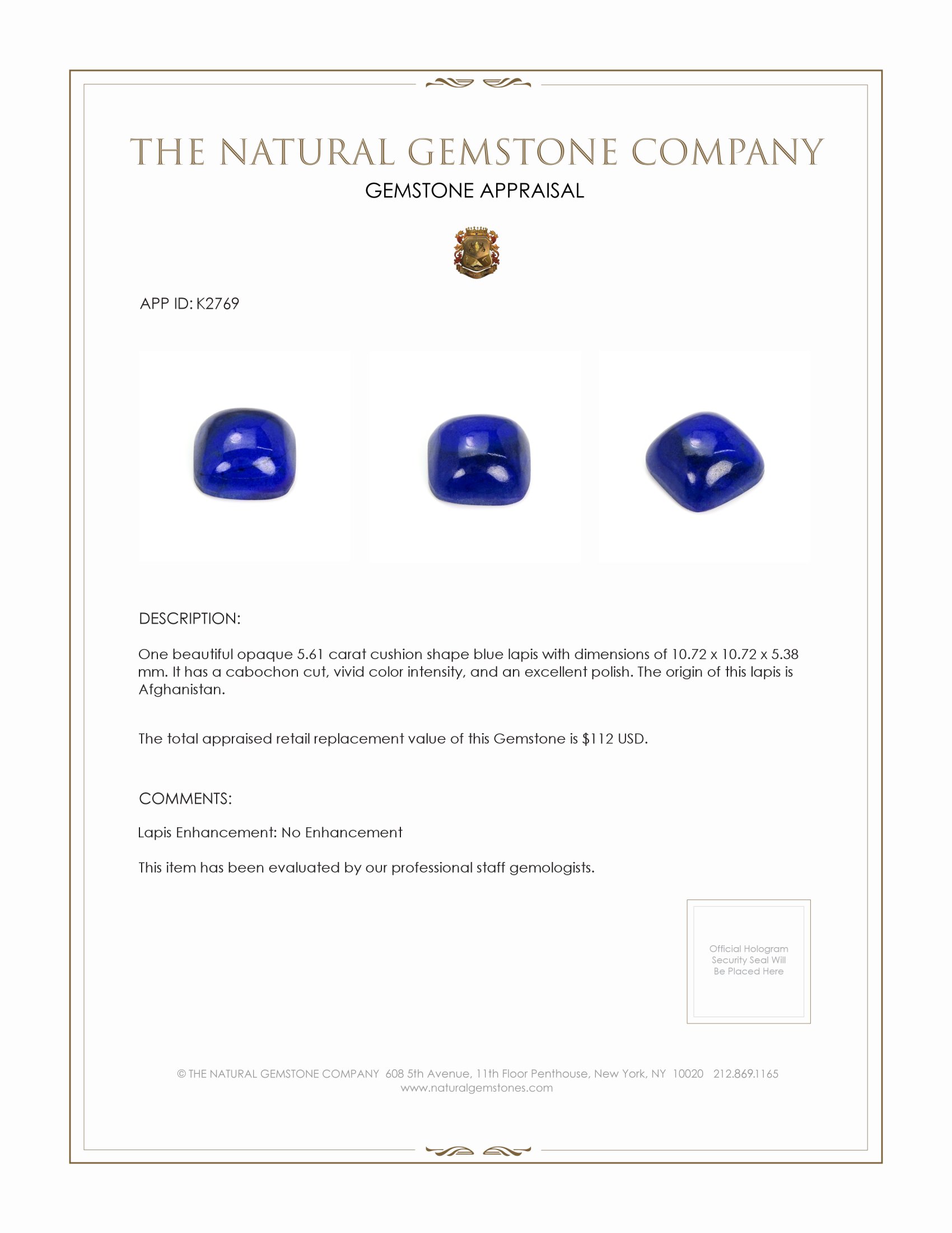 5.61 Ct. Cabochon Lapis from Afghanistan