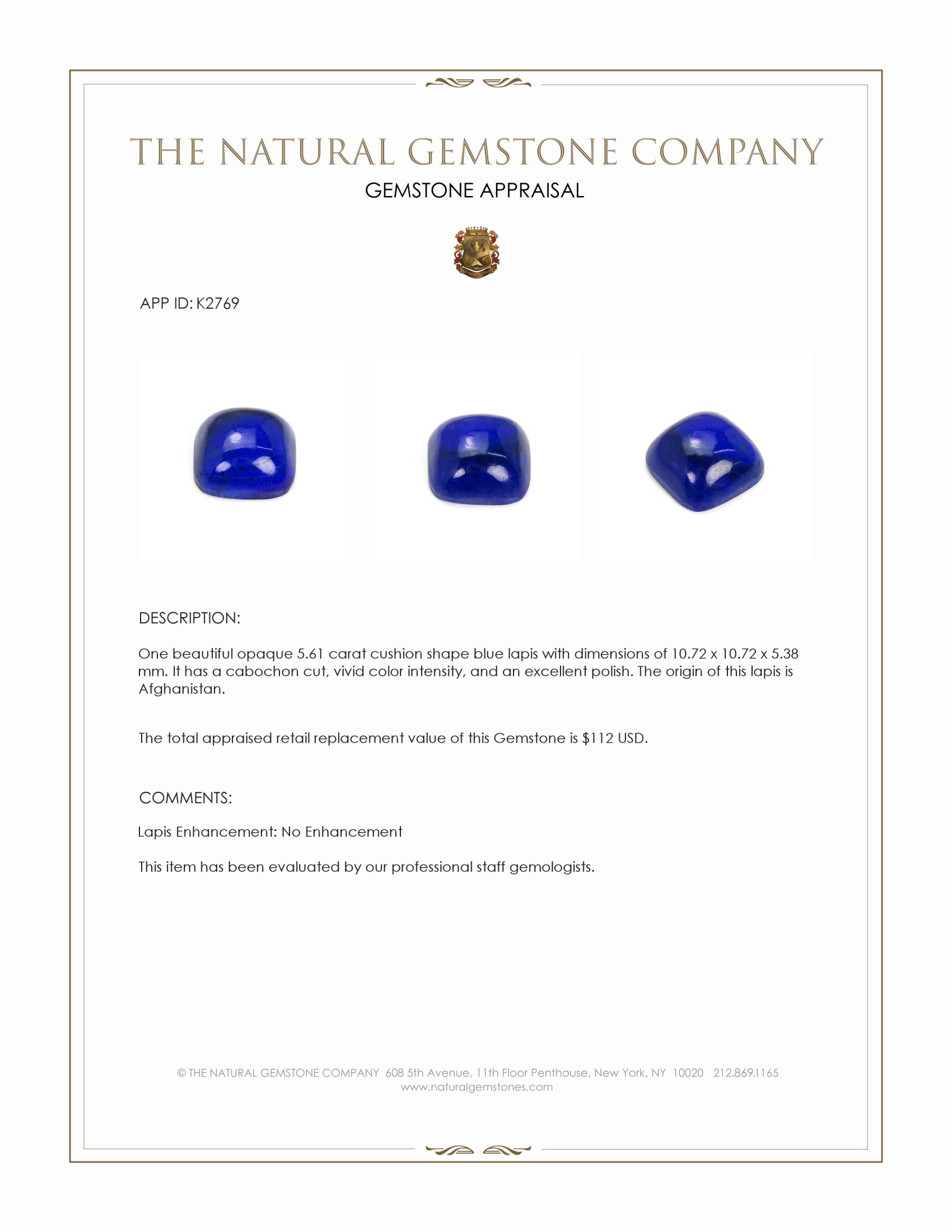 5.61 Ct. Cabochon Lapis from Afghanistan