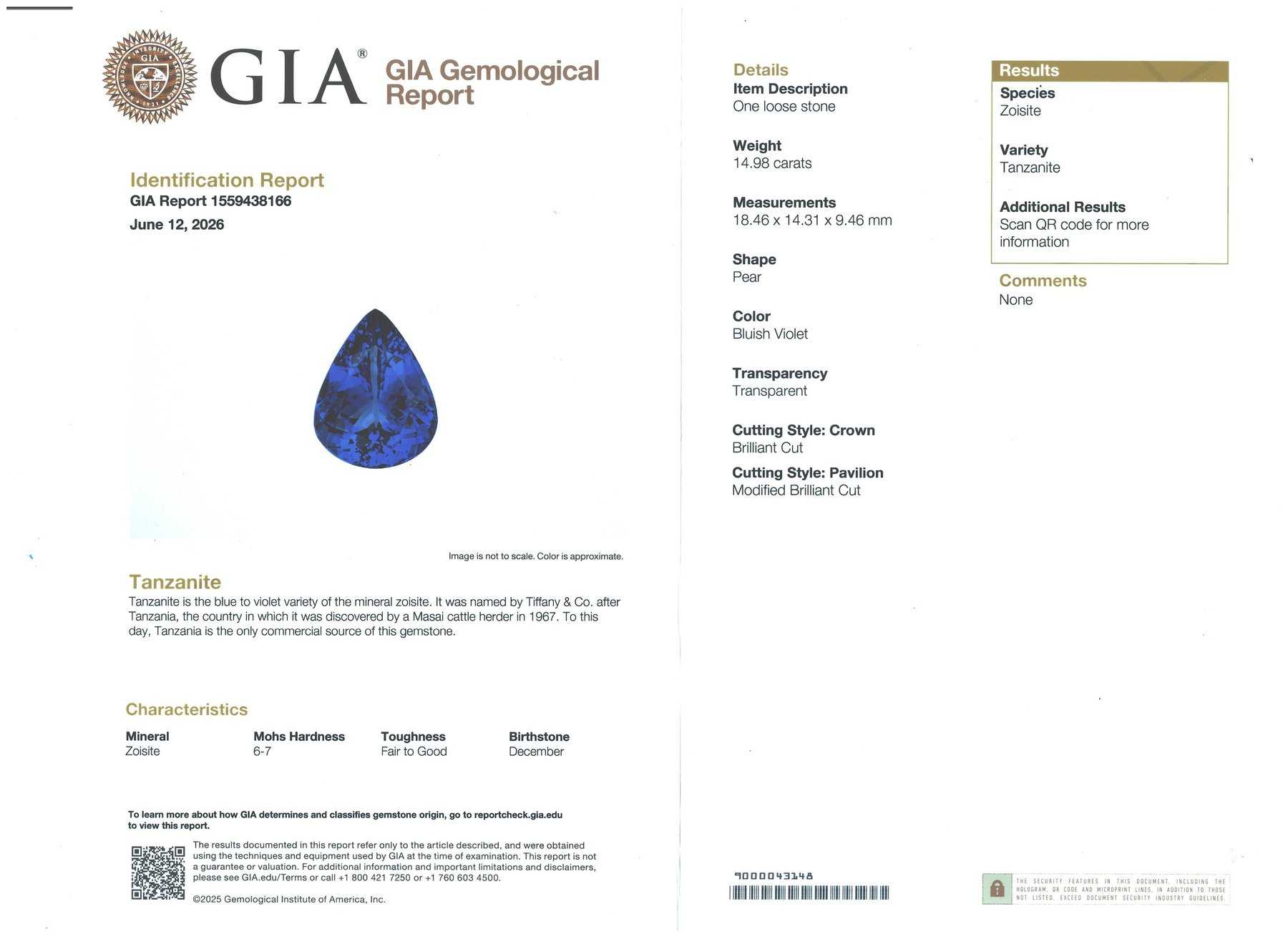 14.98 Ct. Violetish Blue Tanzanite from Tanzania