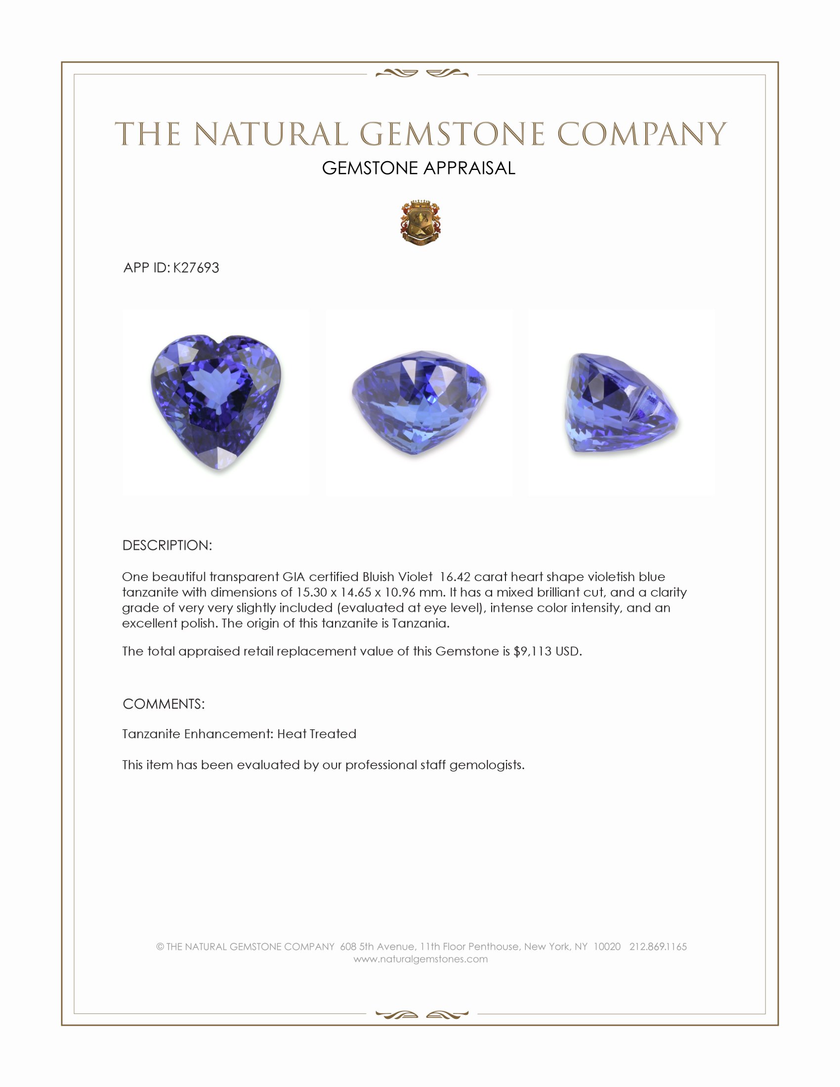 16.42 Ct. Violetish Blue Tanzanite from Tanzania