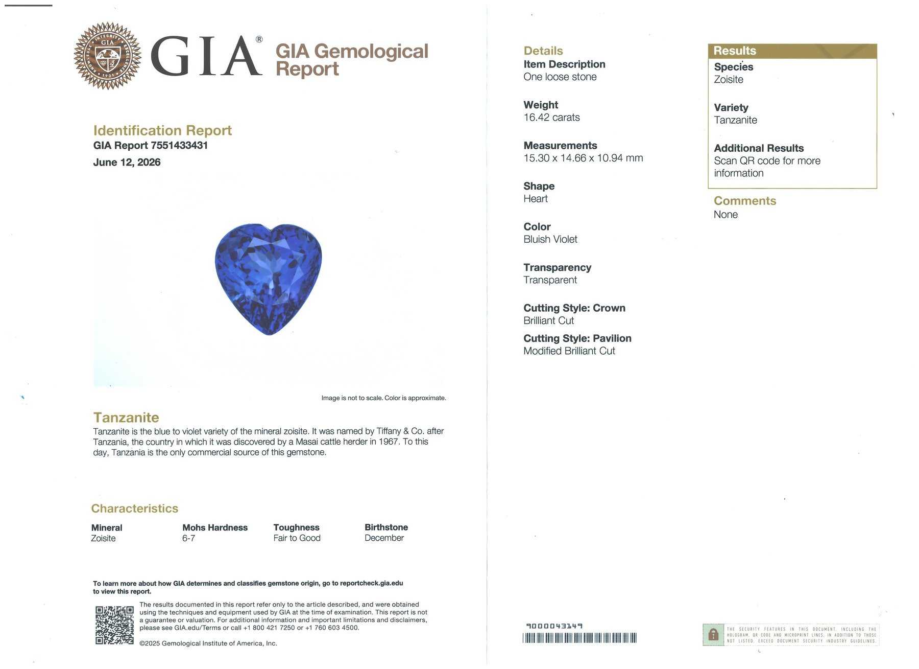 16.42 Ct. Violetish Blue Tanzanite from Tanzania