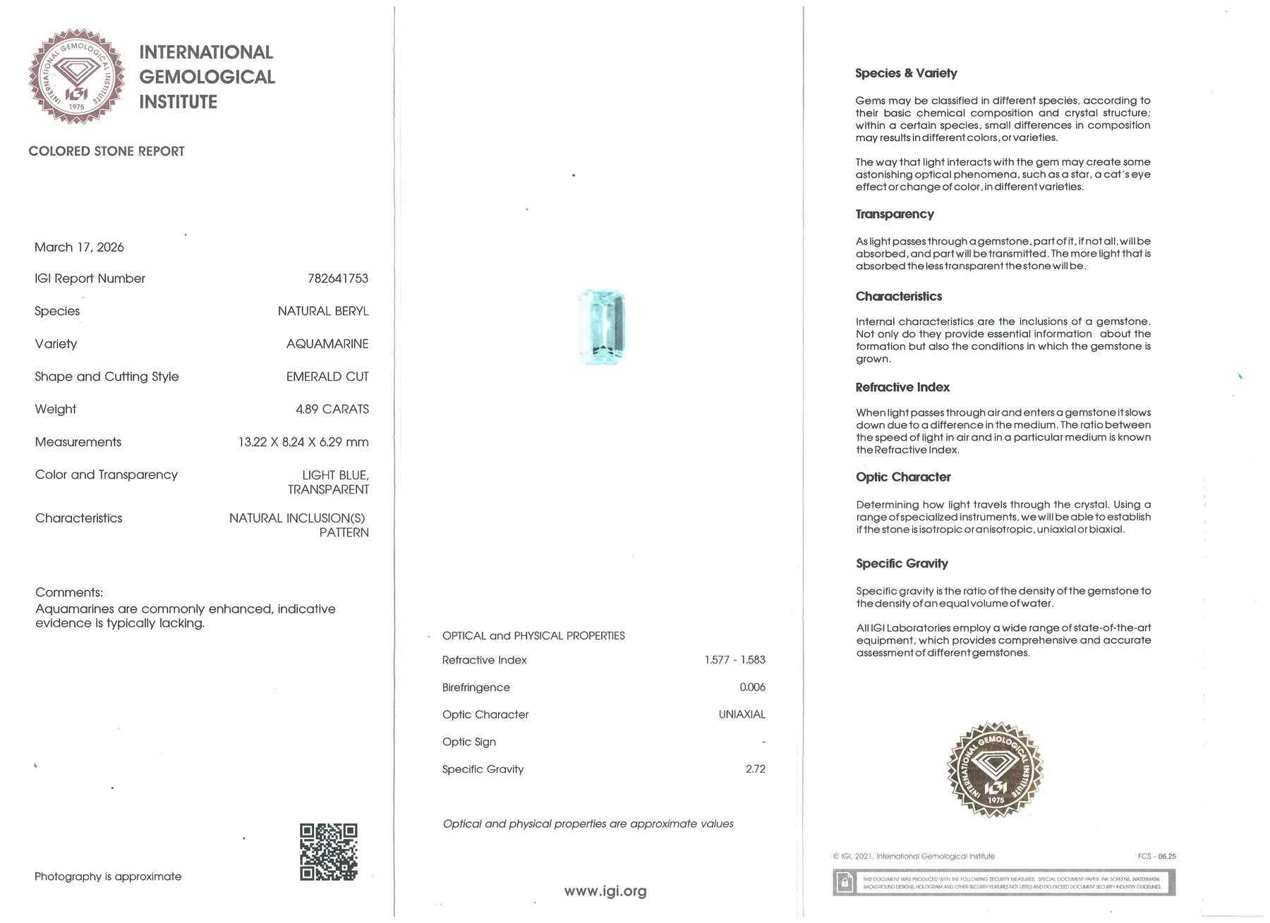 4.89 Ct. Blue Aquamarine from Brazil