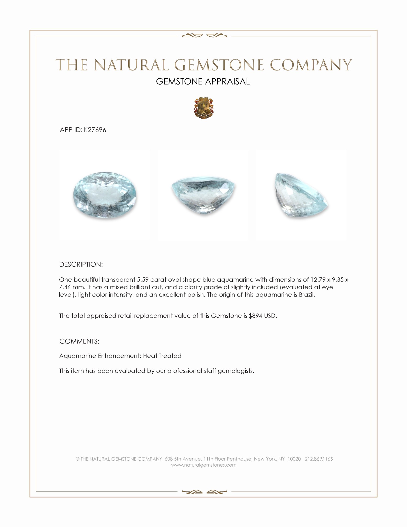 5.59 Ct. Blue Aquamarine from Brazil