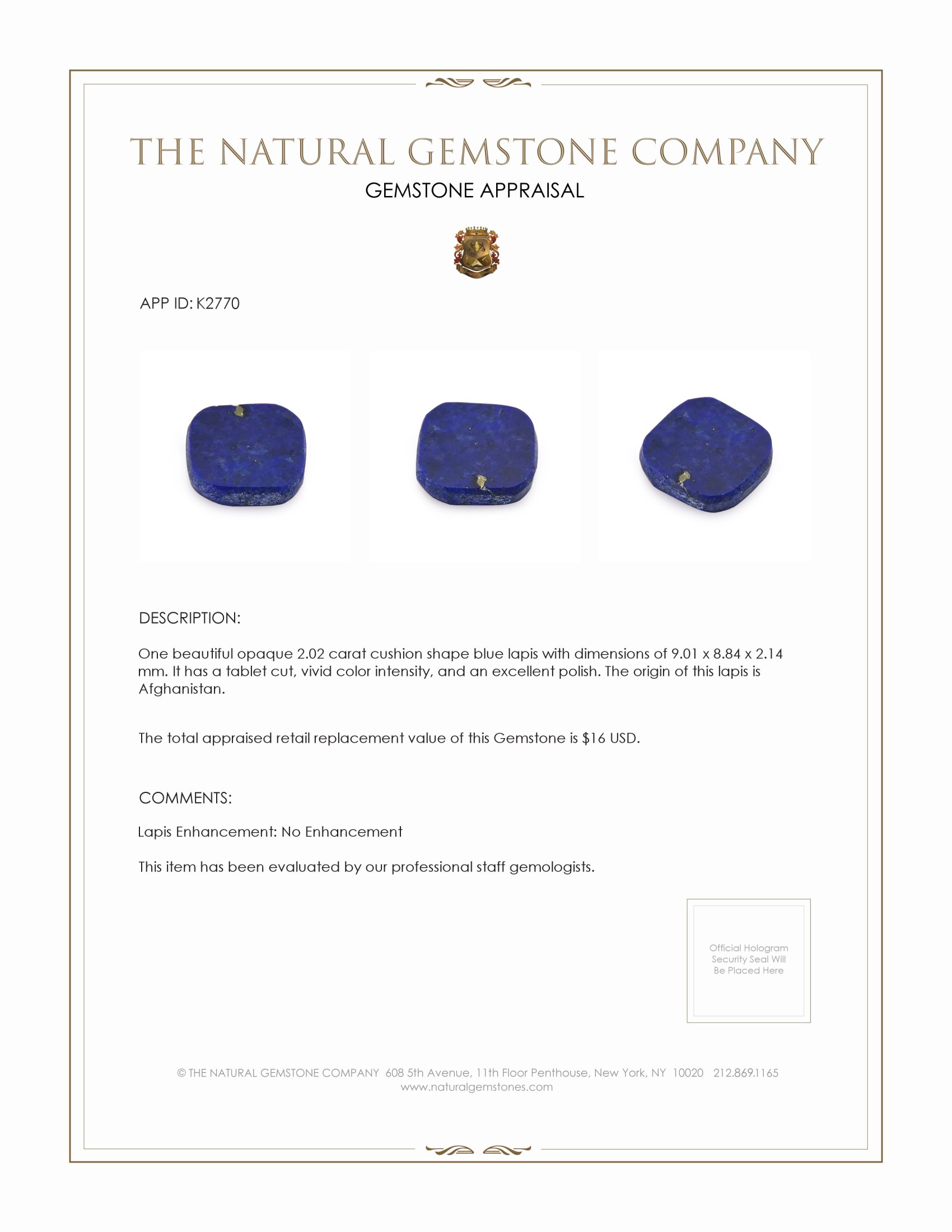 2.02 Ct. Lapis from Afghanistan