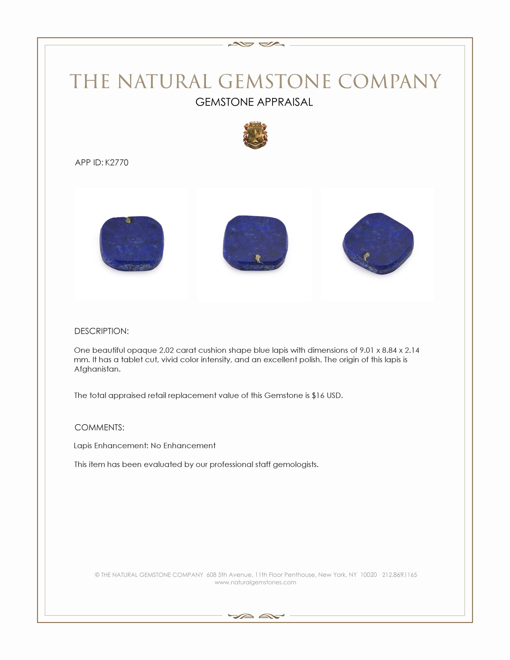 2.02 Ct. Lapis from Afghanistan