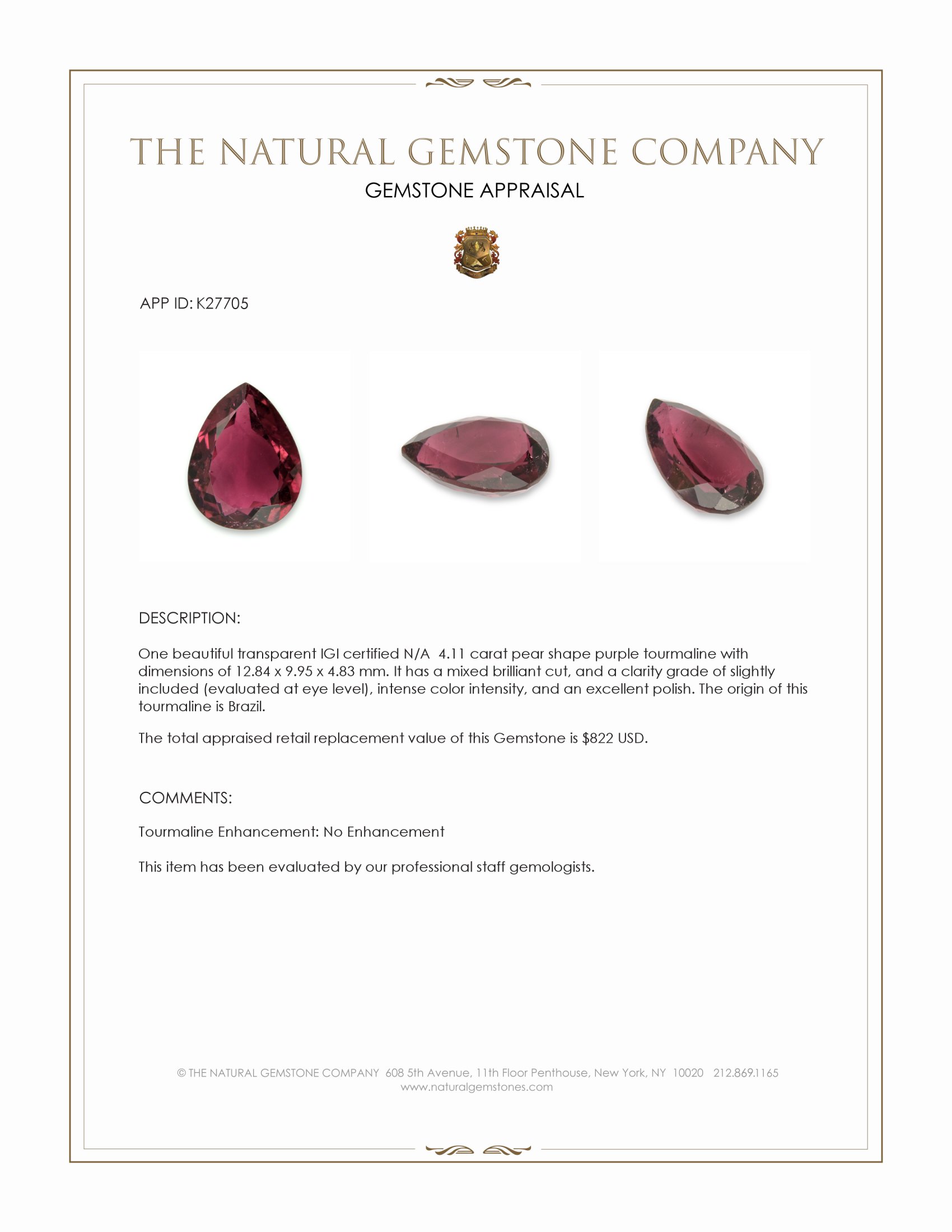 4.11 Ct. Purple Tourmaline from Brazil