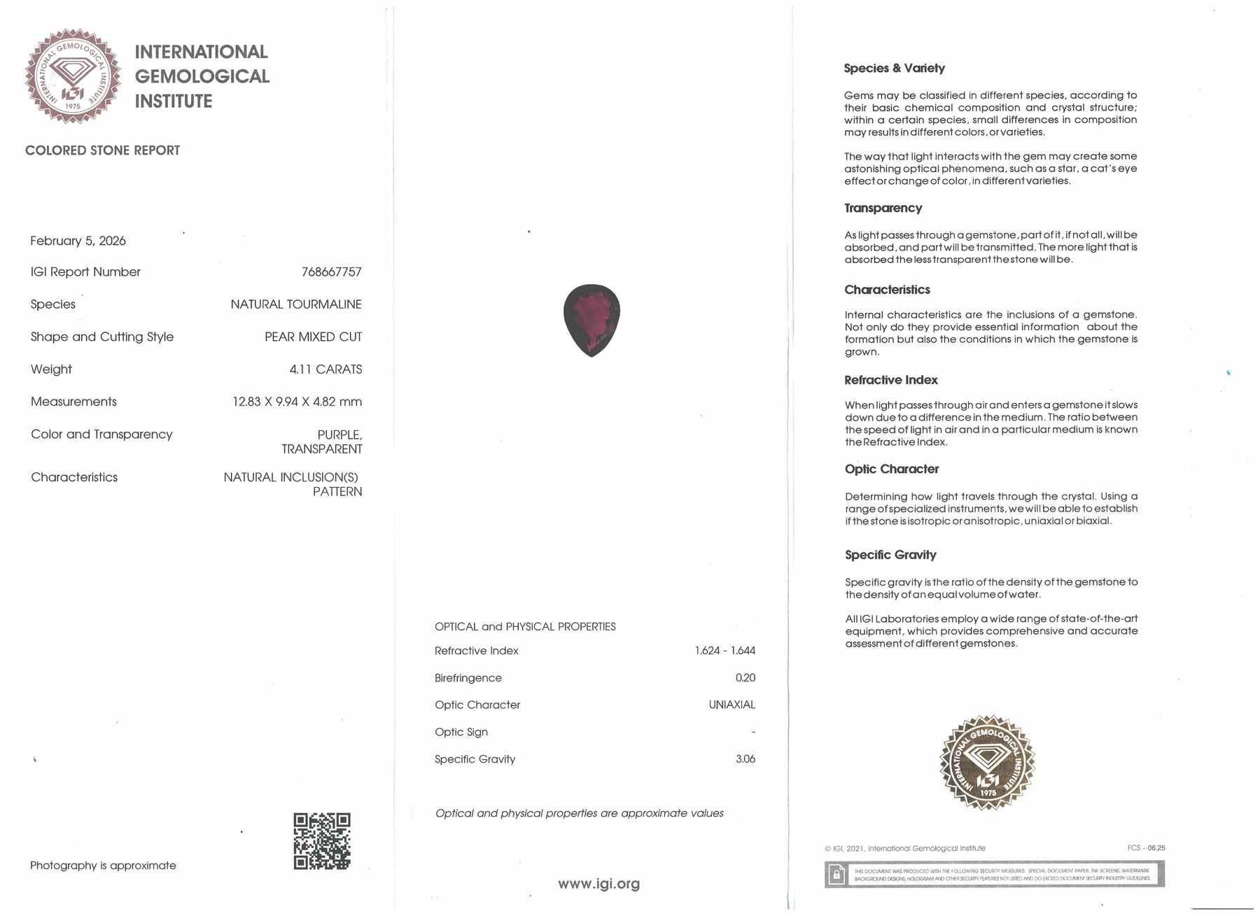 4.11 Ct. Purple Tourmaline from Brazil