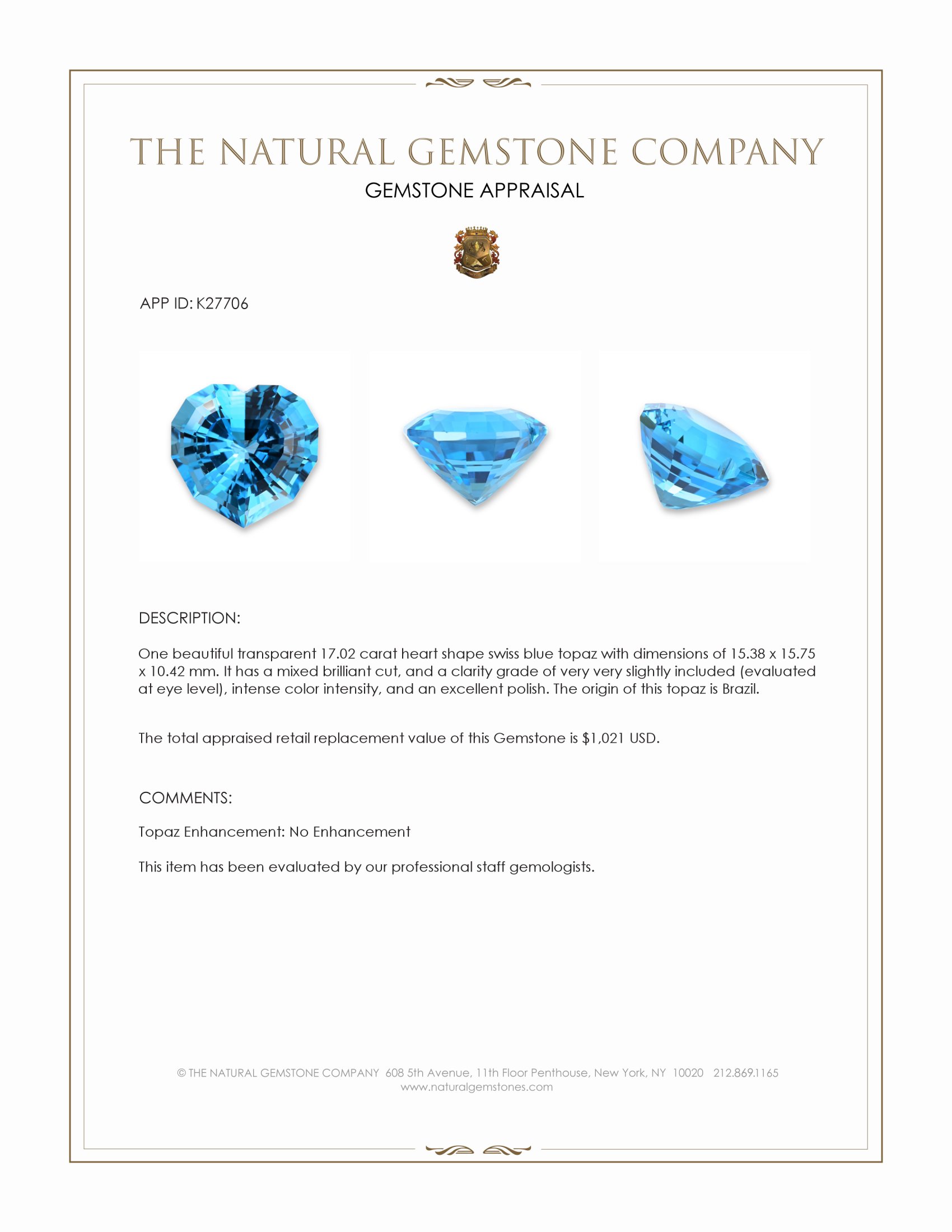 17.02 Ct. Swiss Blue Topaz from Brazil