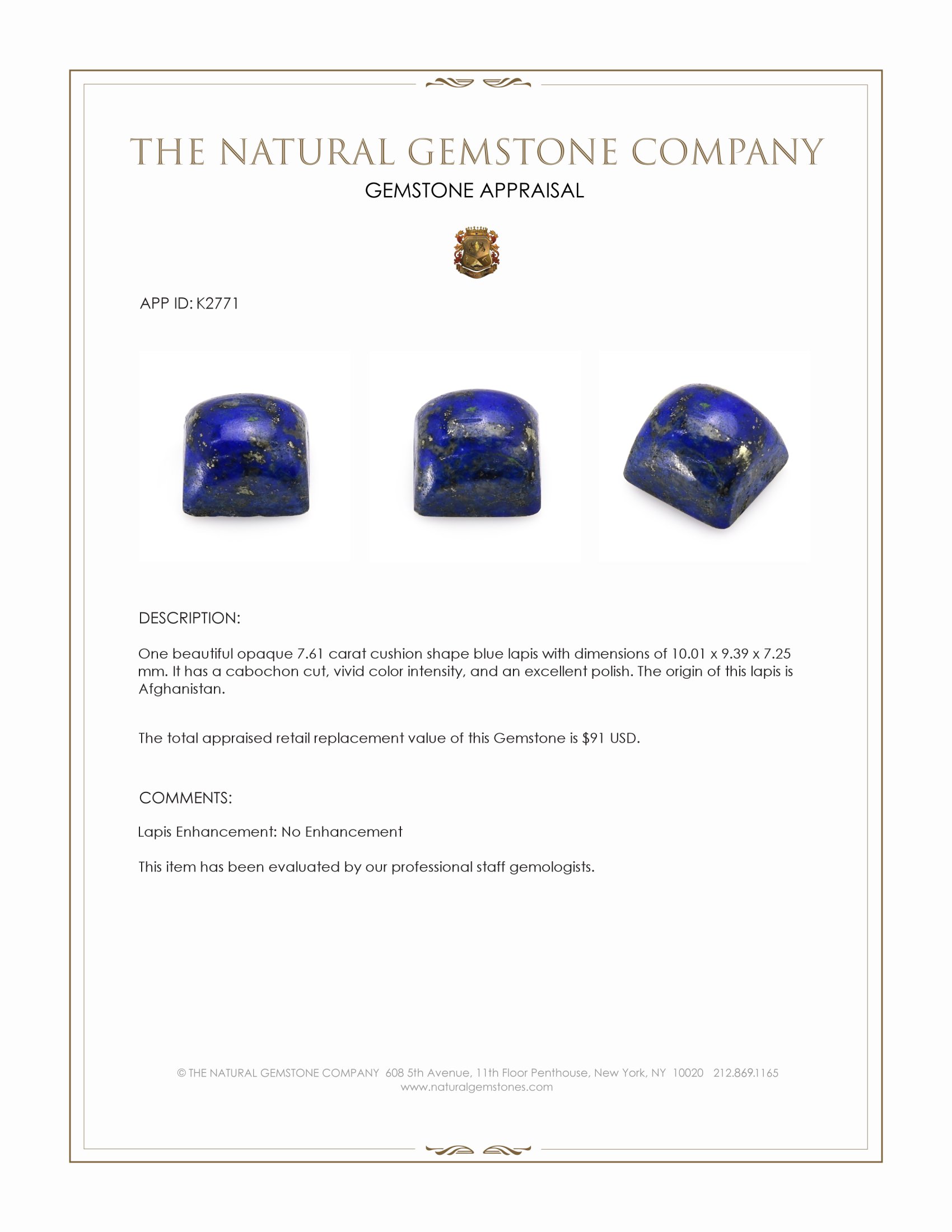 7.61 Ct. Cabochon Lapis from Afghanistan