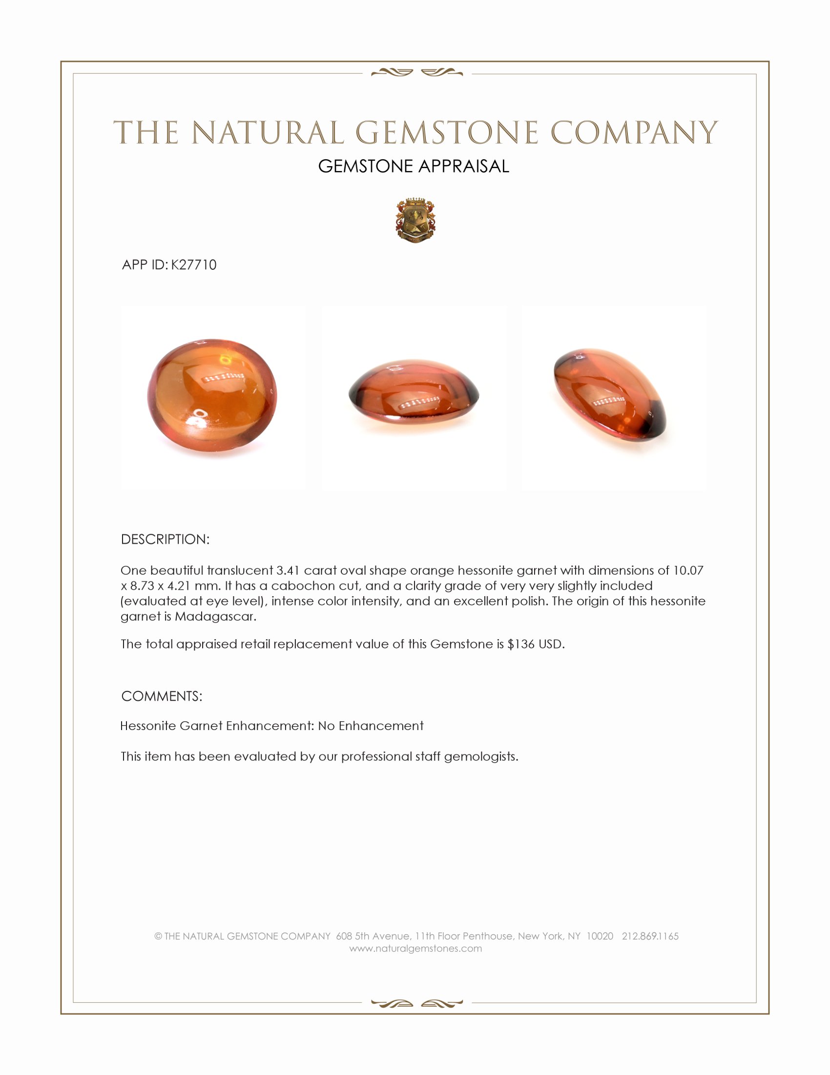3.41 Ct. Orange Cabochon Hessonite Garnet from Madagascar