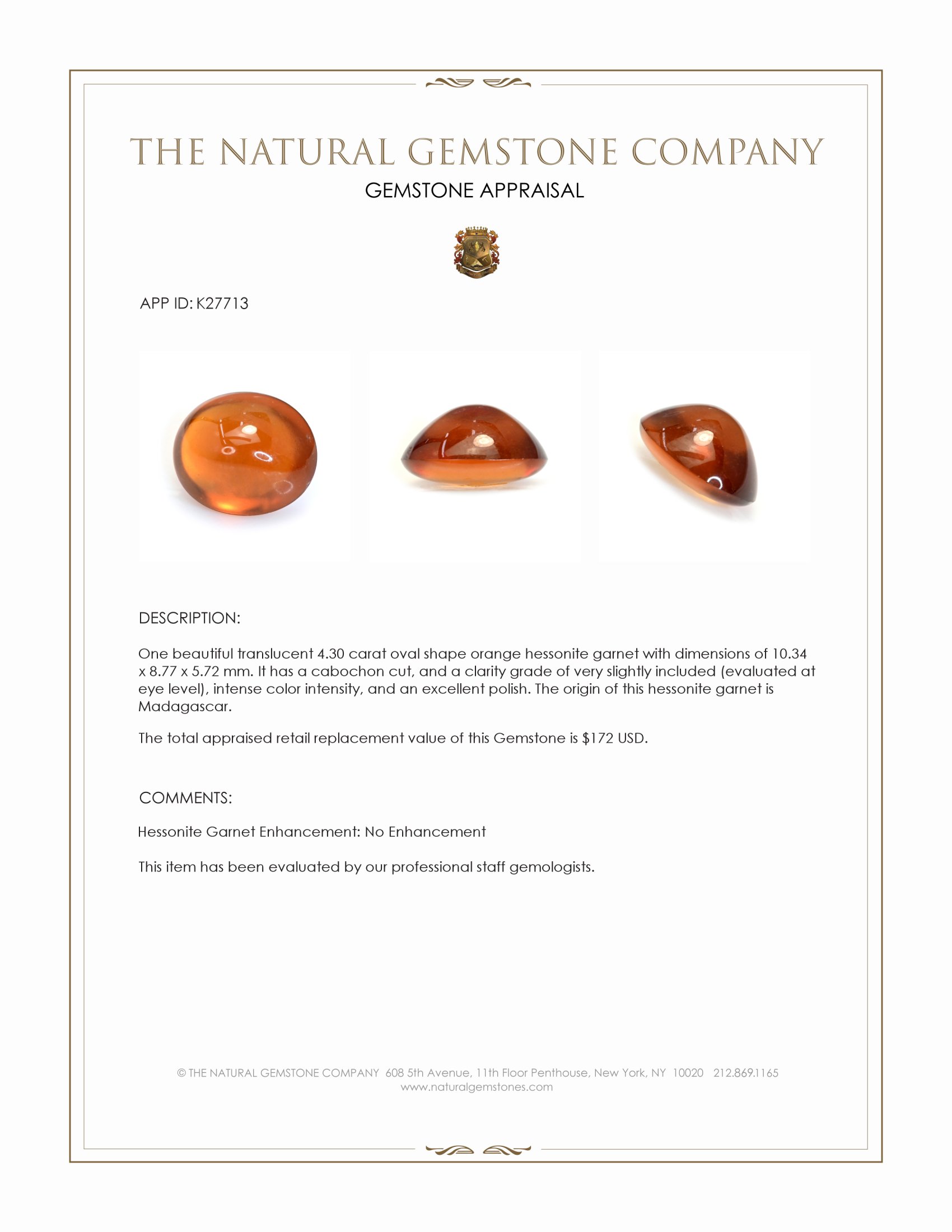 4.30 Ct. Orange Cabochon Hessonite Garnet from Madagascar