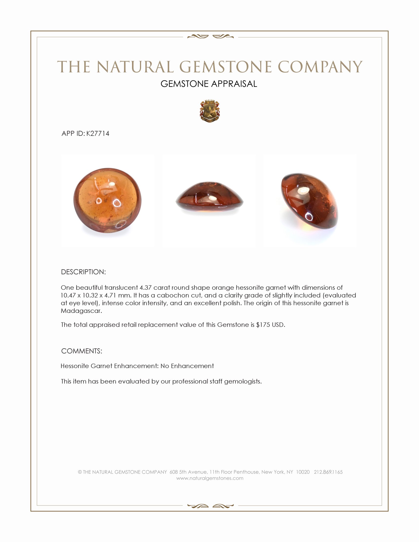 4.37 Ct. Orange Cabochon Hessonite Garnet from Madagascar