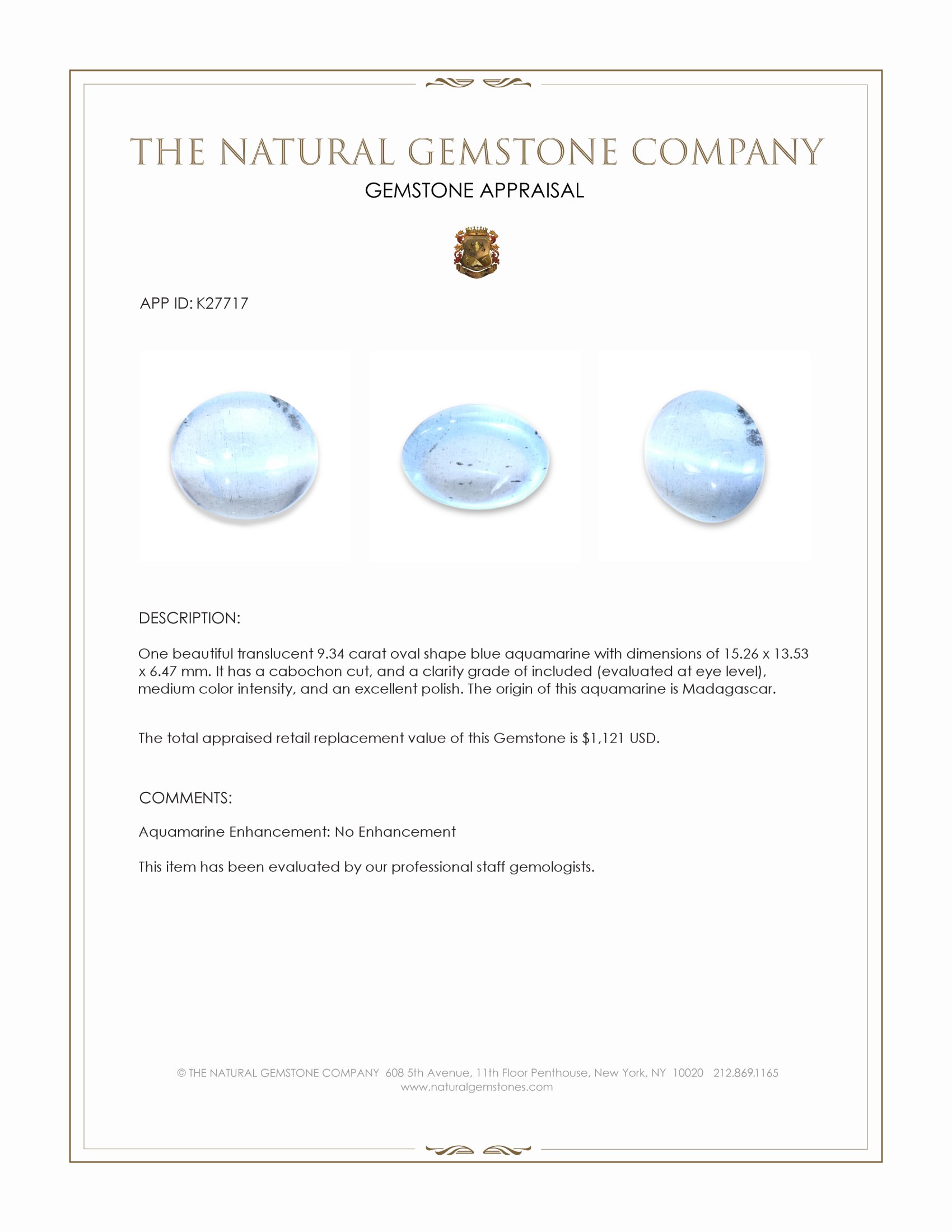 9.34 Ct. Blue Cabochon Aquamarine from Madagascar