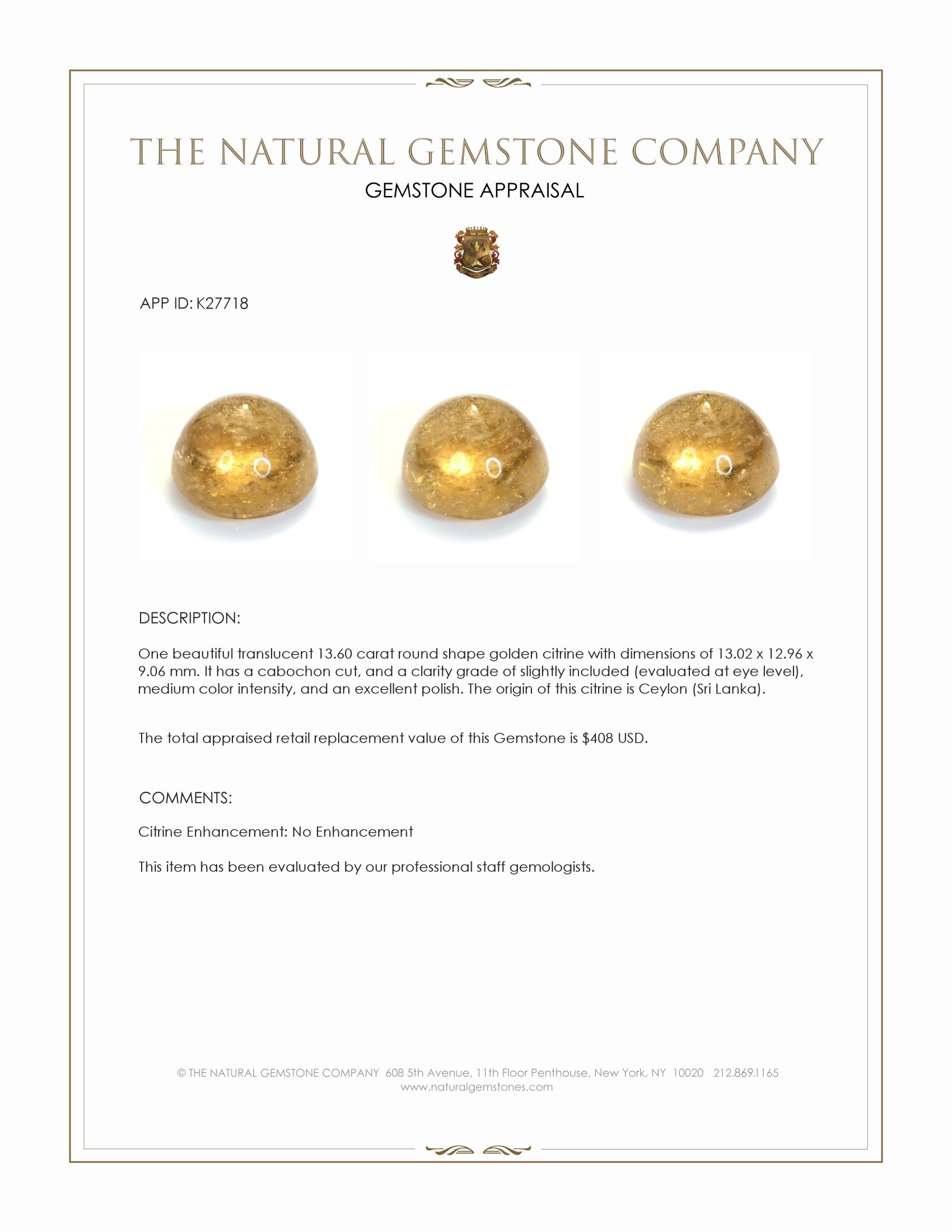 13.60 Ct. Golden Cabochon Citrine from Ceylon (Sri Lanka)