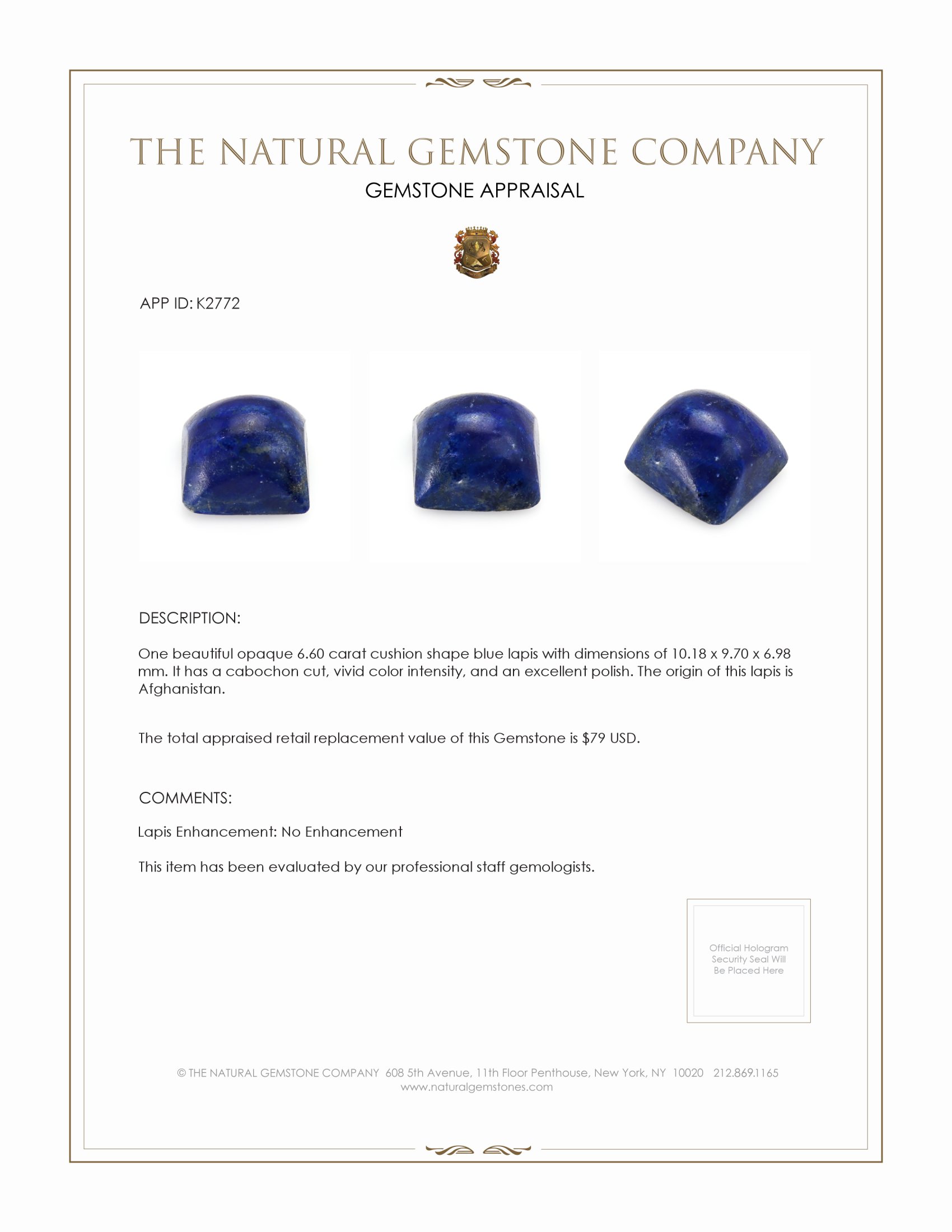 6.60 Ct. Cabochon Lapis from Afghanistan