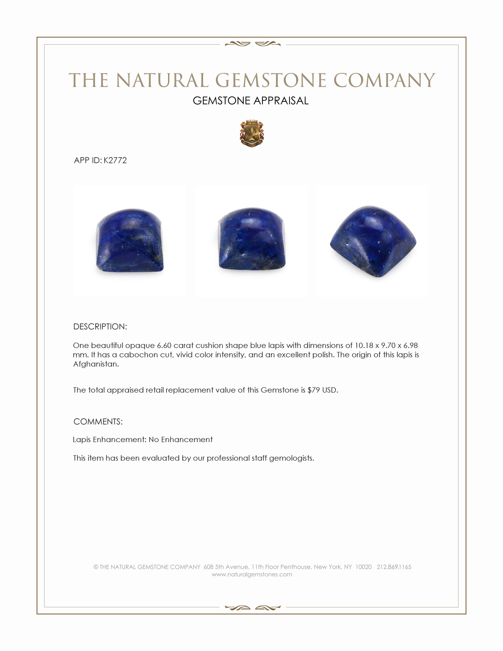 6.60 Ct. Cabochon Lapis from Afghanistan