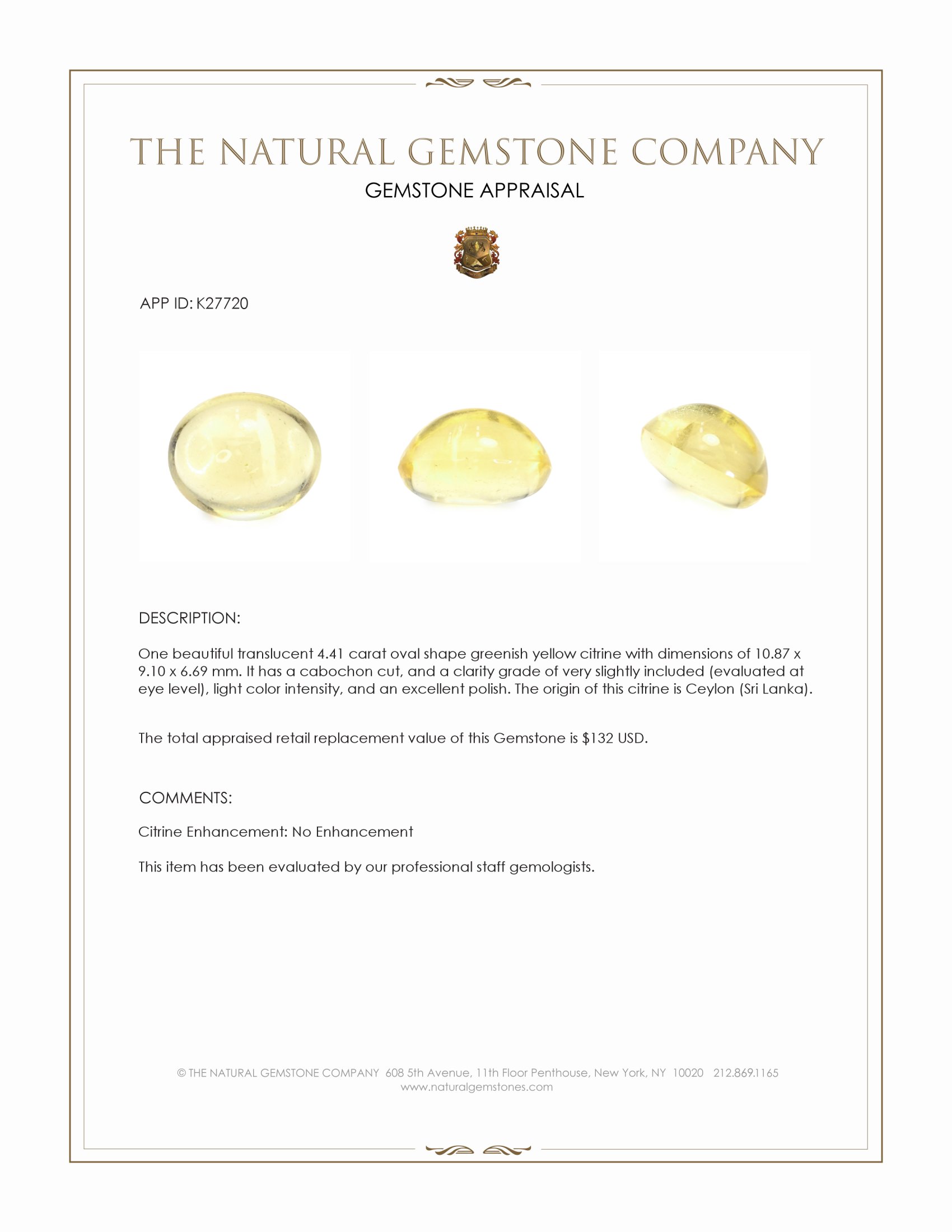4.41 Ct. Greenish Yellow Cabochon Citrine from Ceylon (Sri Lanka)