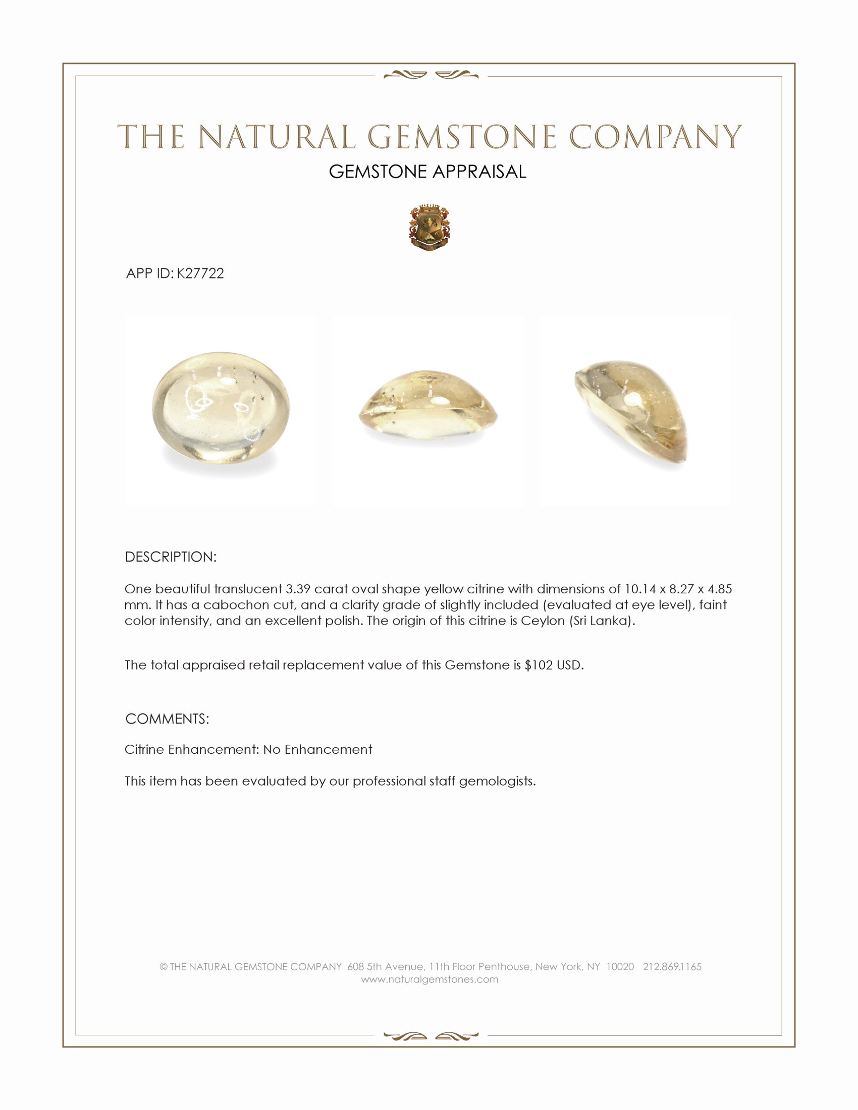 3.39 Ct. Yellow Cabochon Citrine from Ceylon (Sri Lanka)