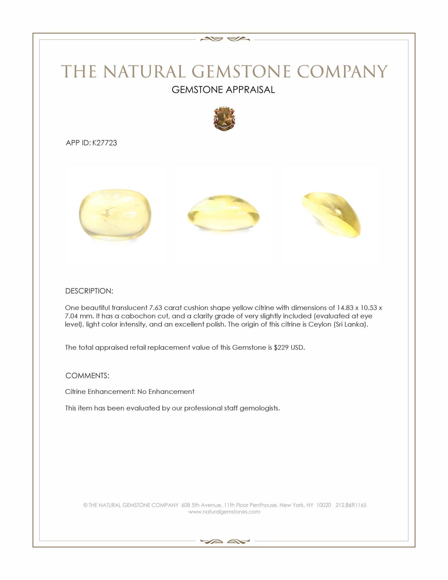 7.63 Ct. Yellow Cabochon Citrine from Ceylon (Sri Lanka)