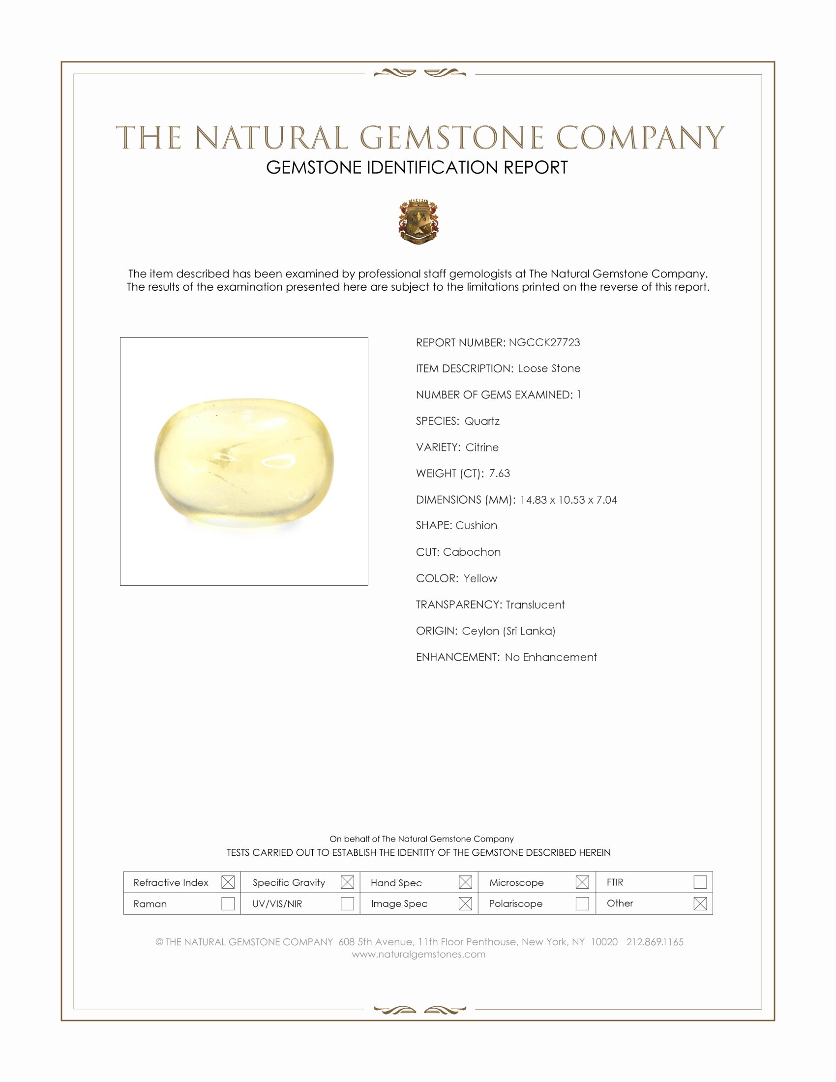 7.63 Ct. Yellow Cabochon Citrine from Ceylon (Sri Lanka)