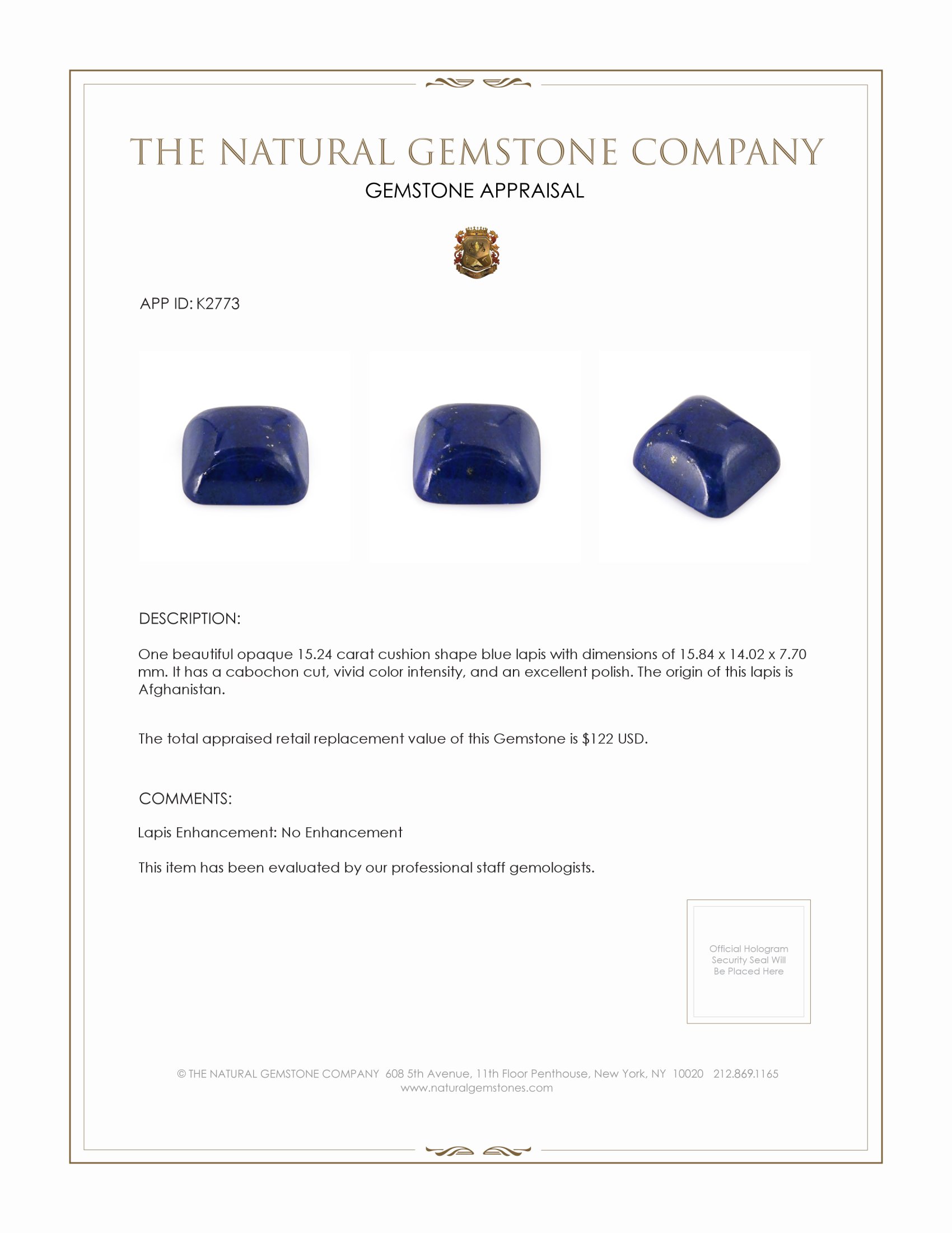 15.24 Ct. Cabochon Lapis from Afghanistan