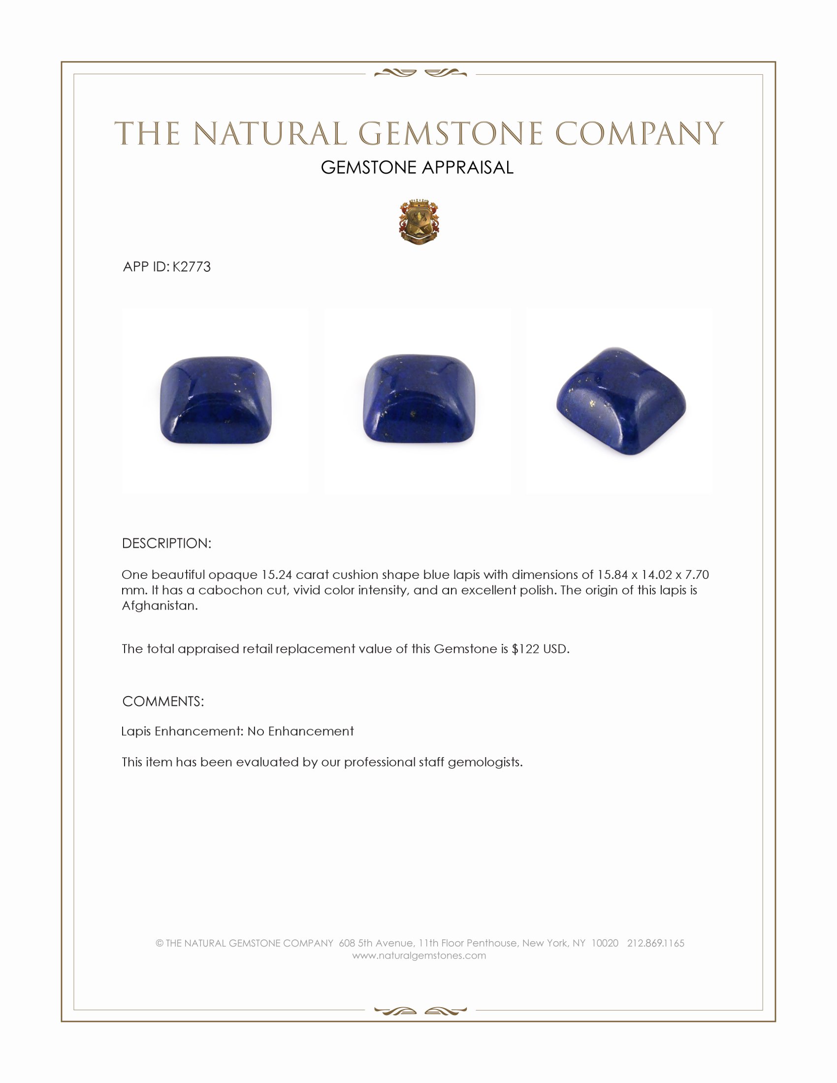 15.24 Ct. Cabochon Lapis from Afghanistan