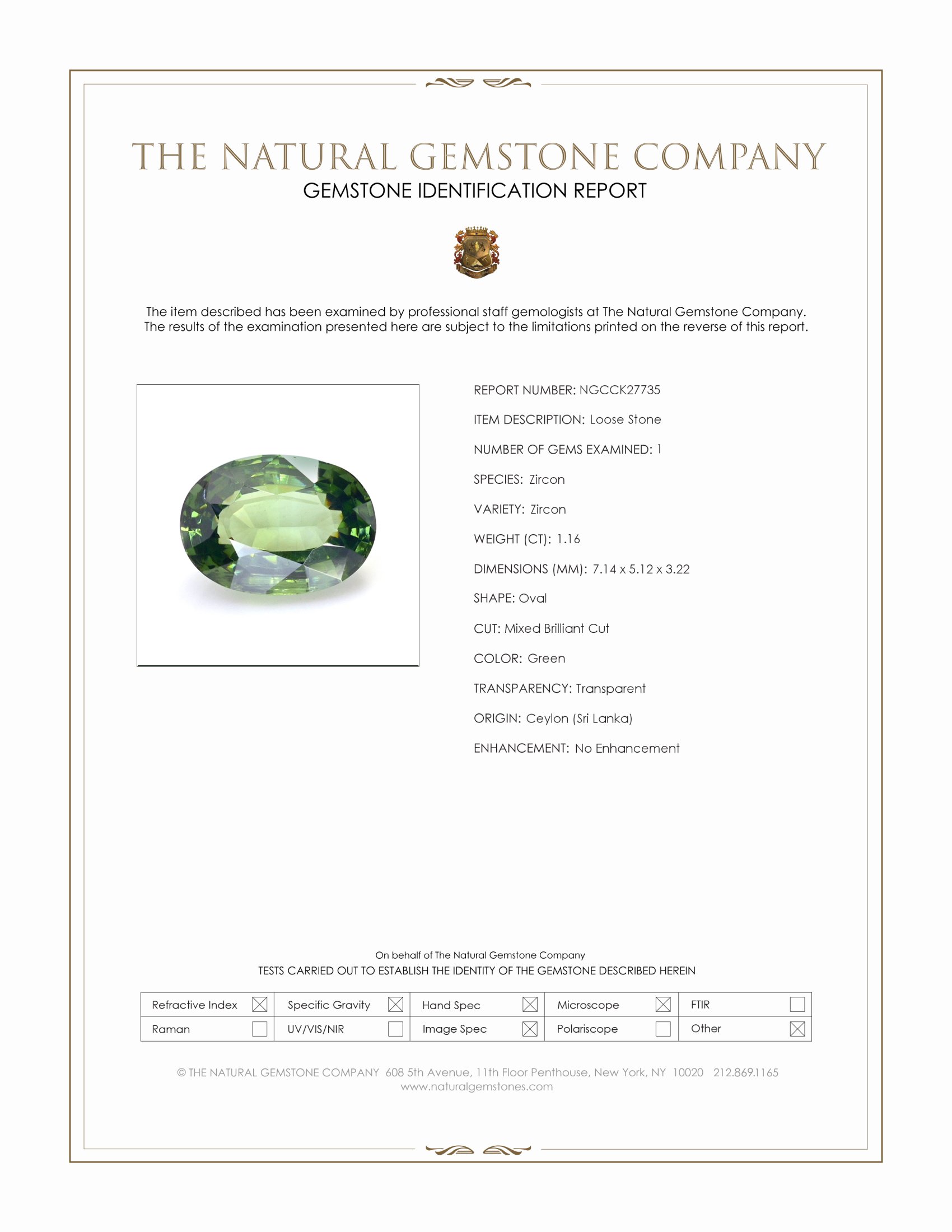 1.16 Ct. Green Zircon from Ceylon (Sri Lanka)