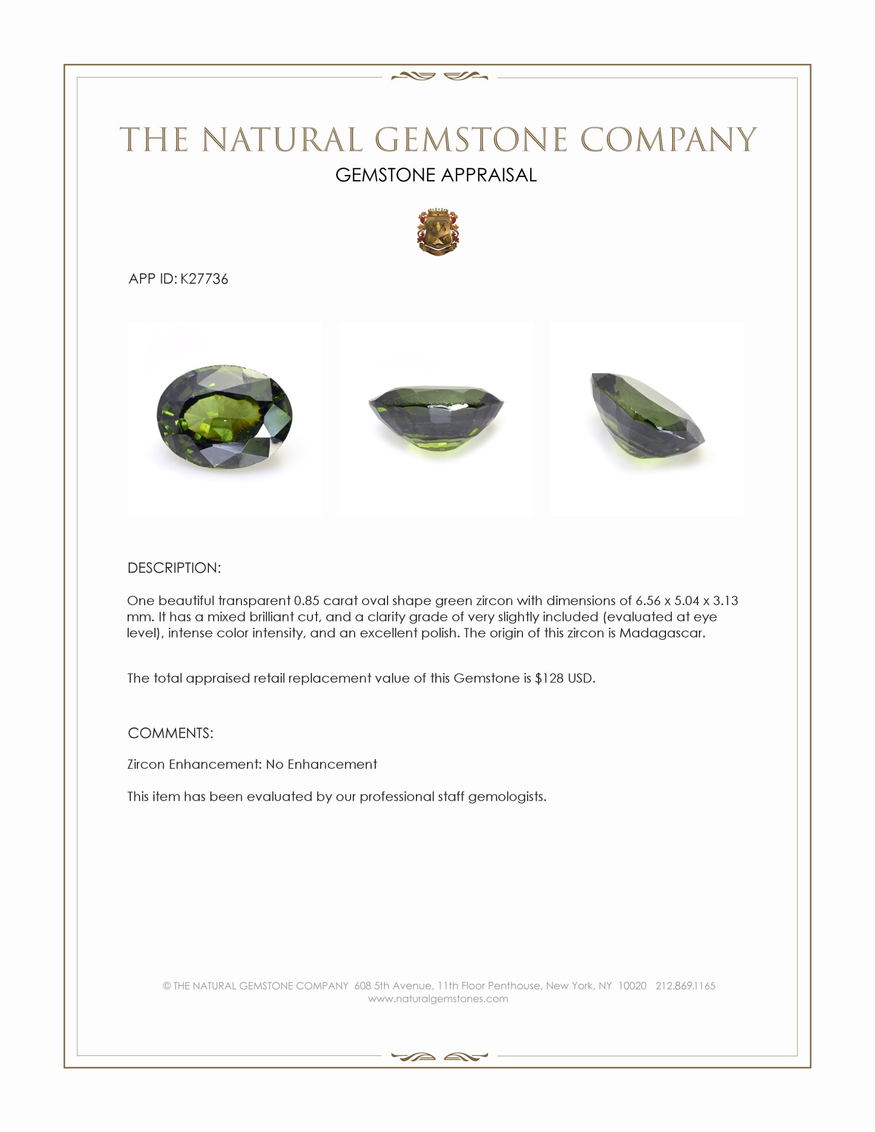0.85 Ct. Green Zircon from Madagascar