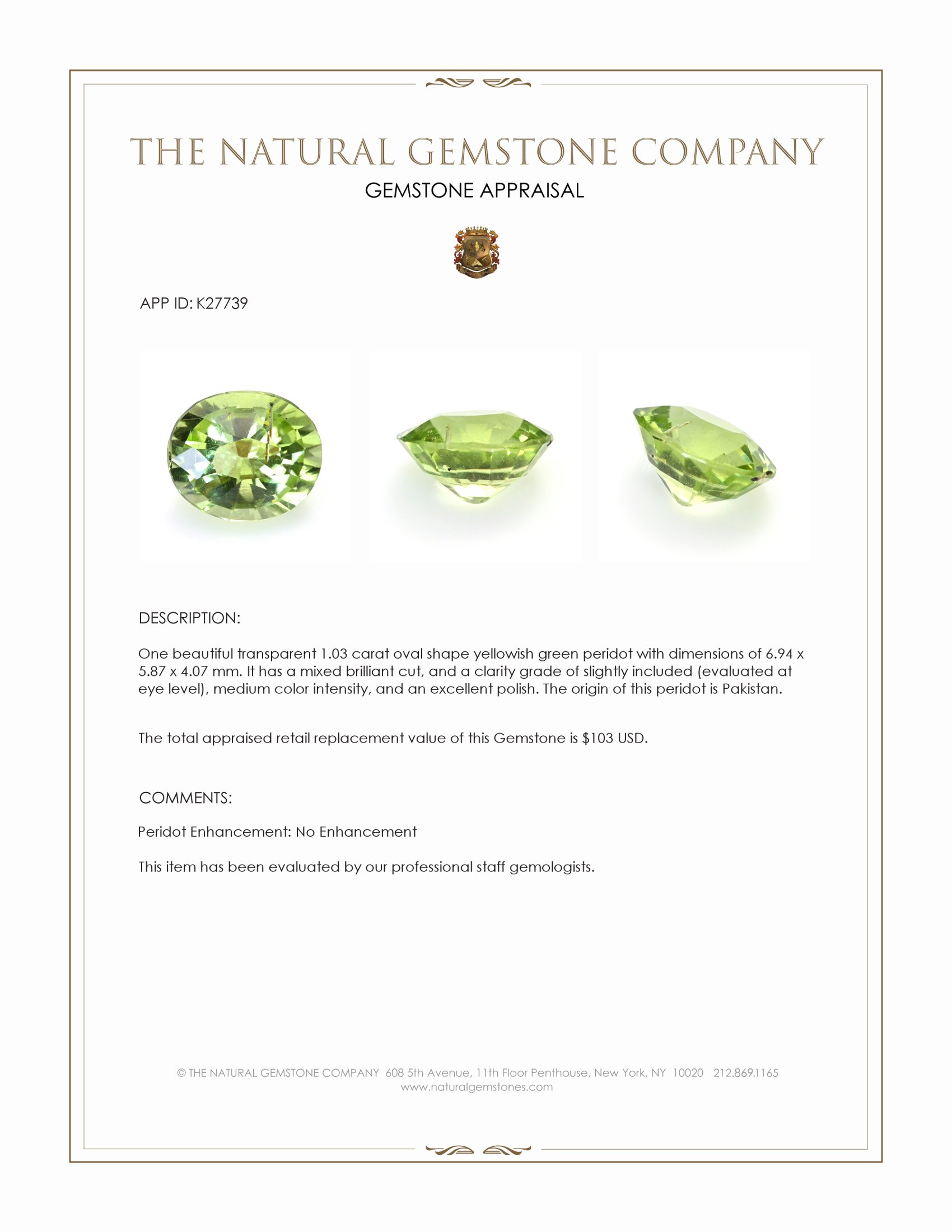 1.03 Ct. Yellowish Green Peridot from Pakistan