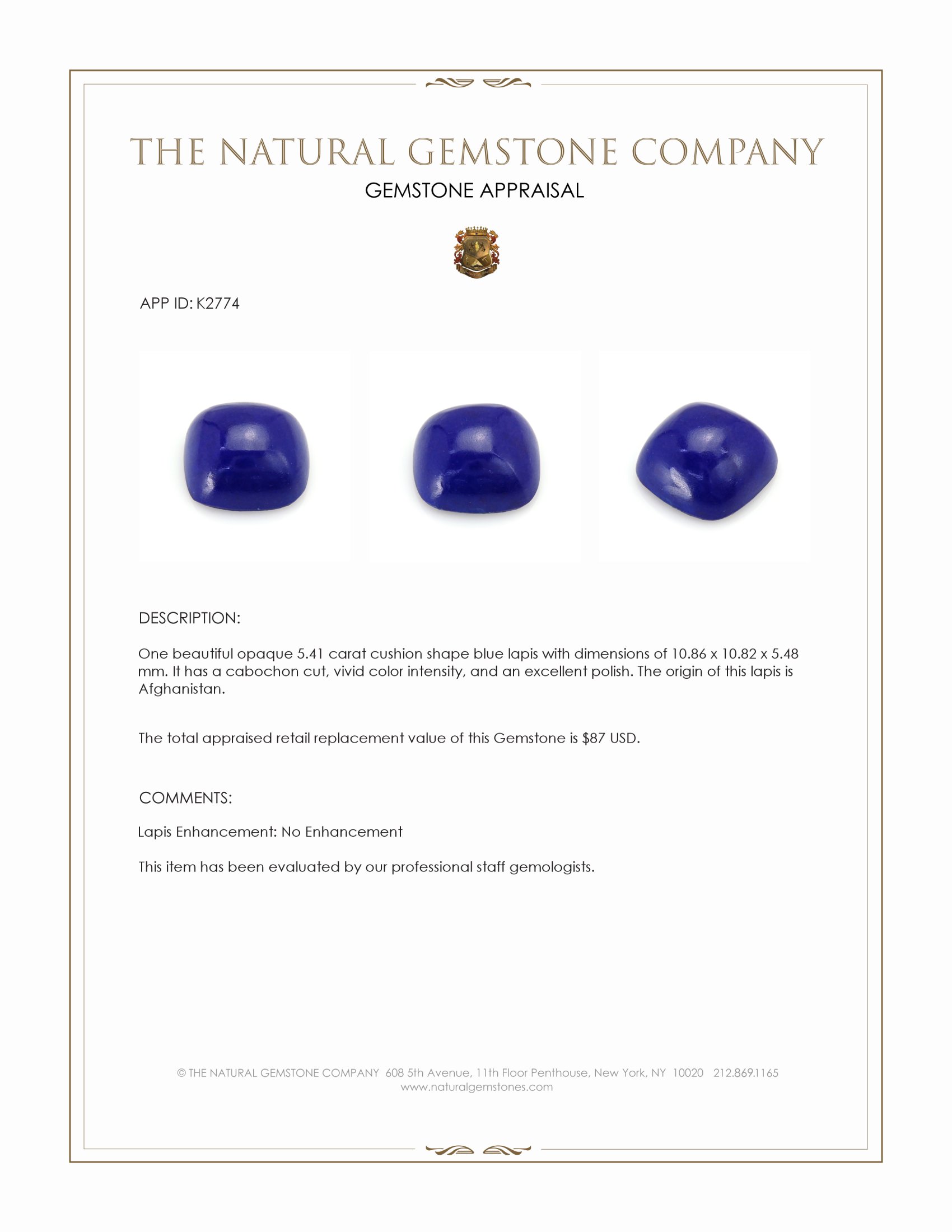 5.41 Ct. Cabochon Lapis from Afghanistan