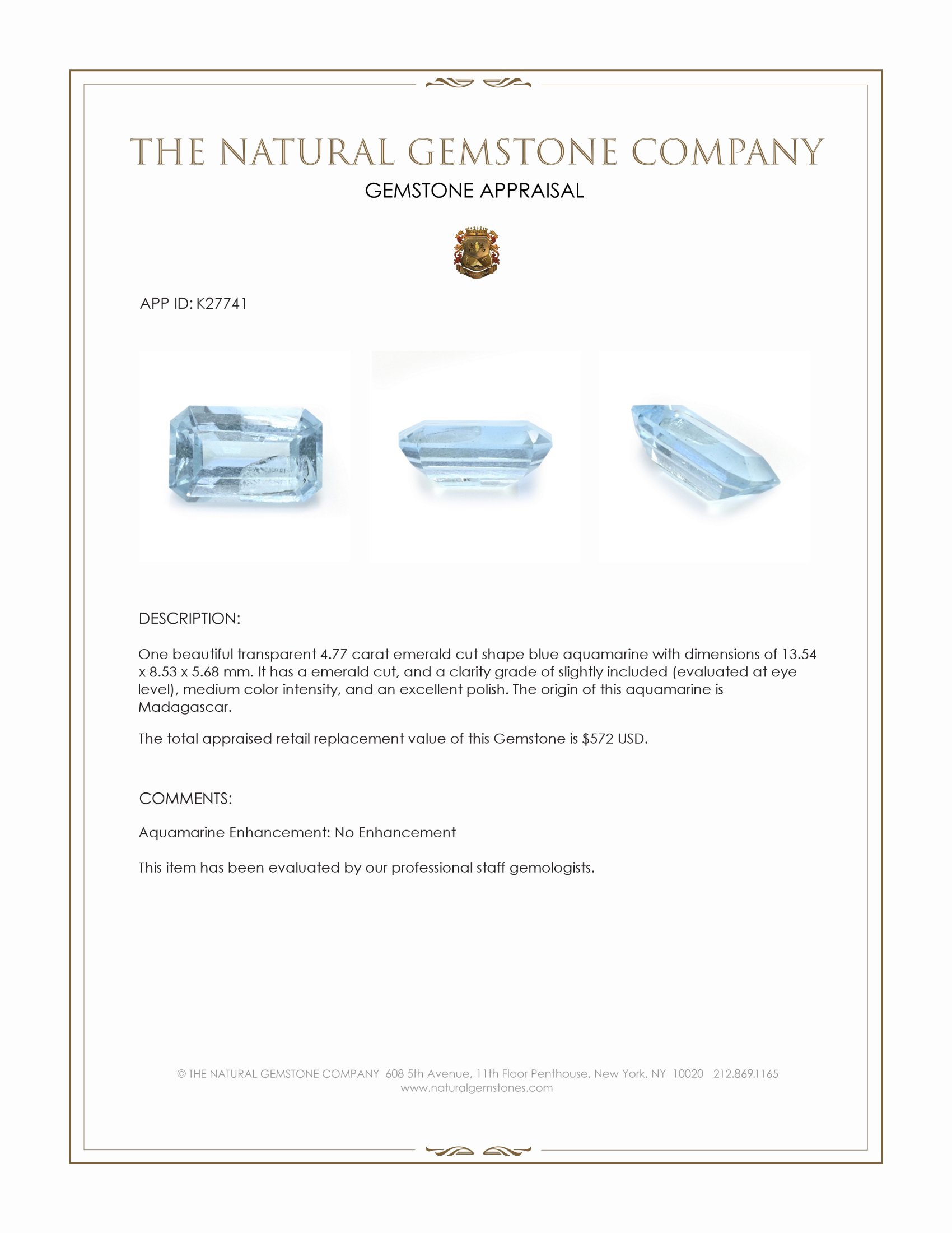 4.77 Ct. Blue Aquamarine from Madagascar