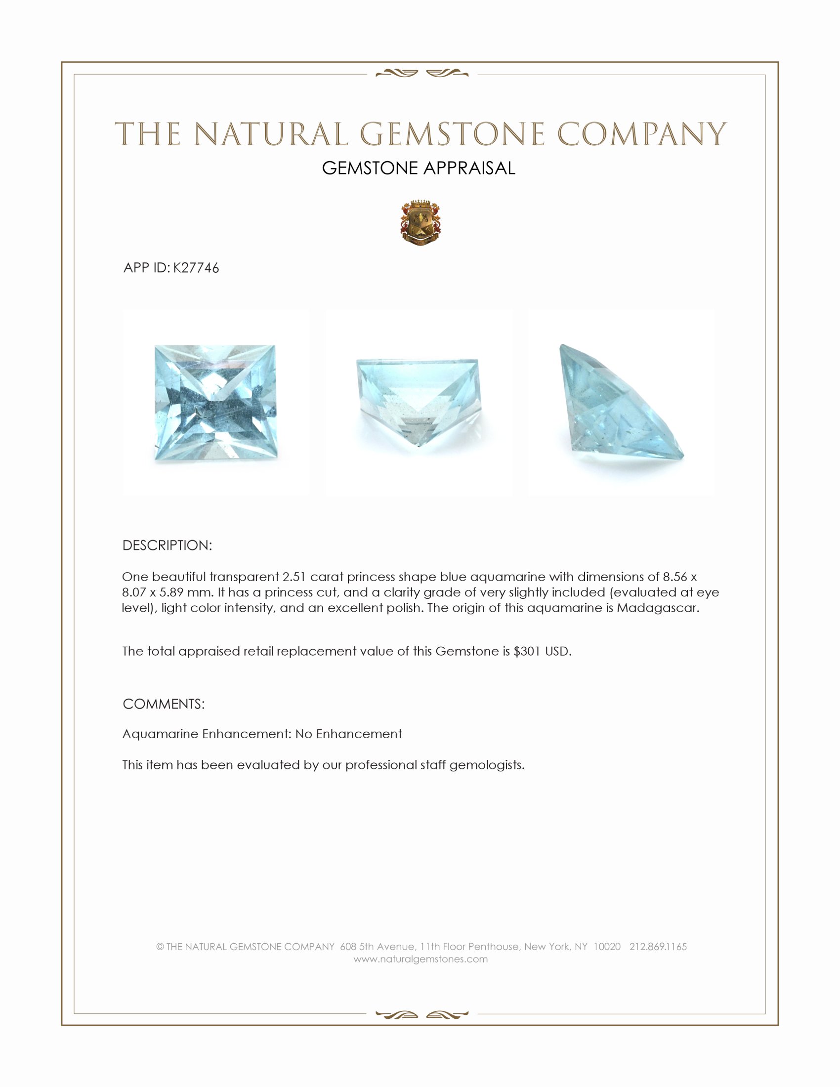 2.51 Ct. Blue Aquamarine from Madagascar