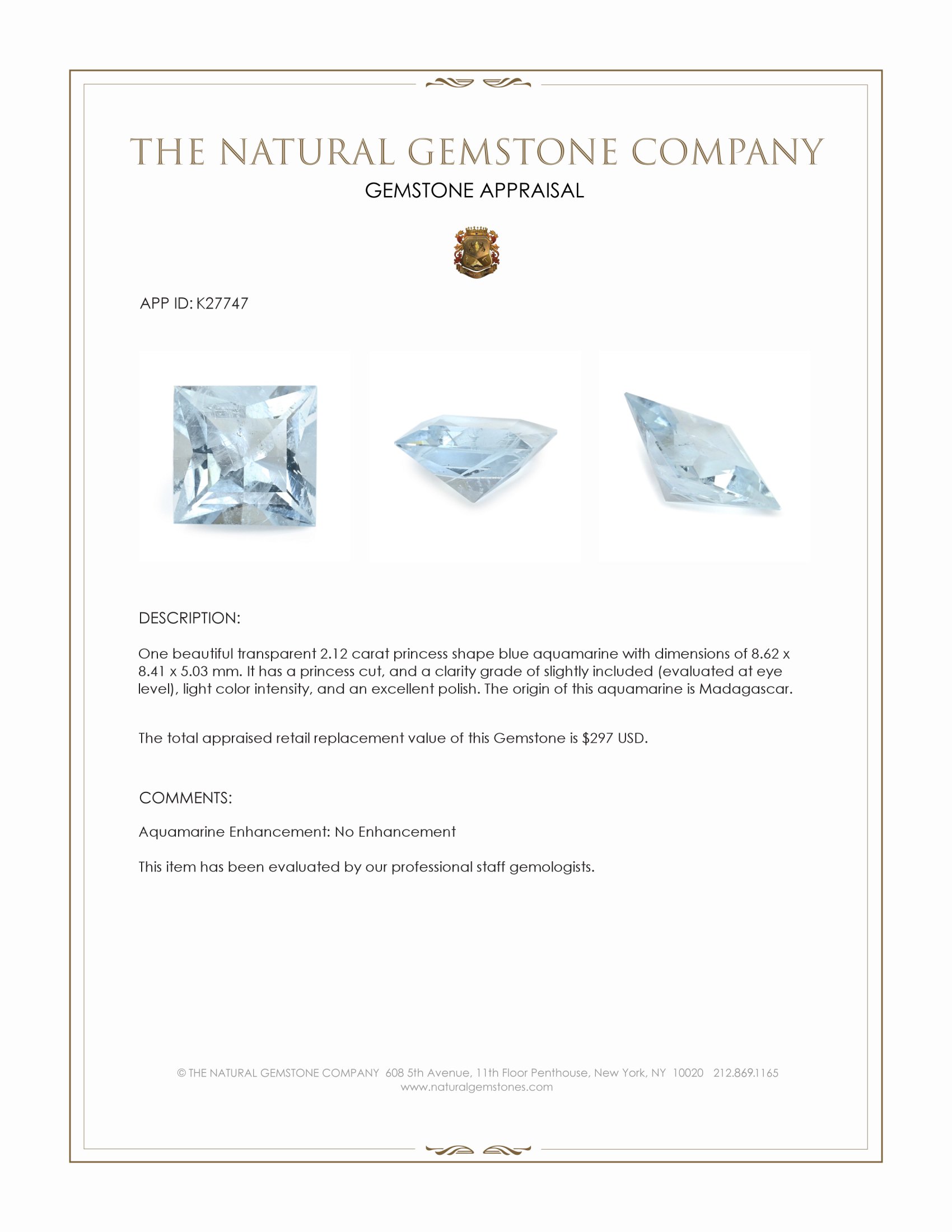 2.12 Ct. Blue Aquamarine from Madagascar