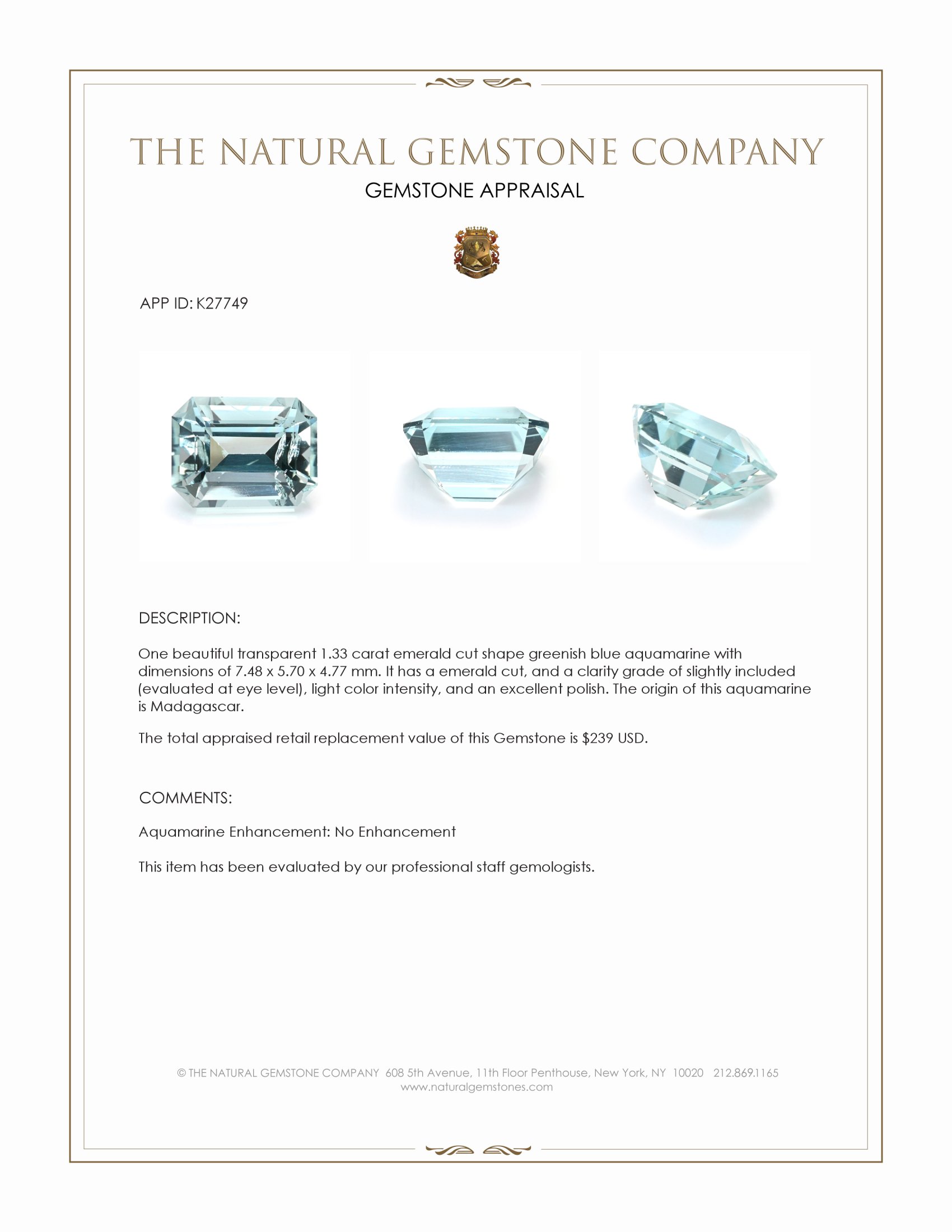 1.33 Ct. Greenish Blue Aquamarine from Madagascar