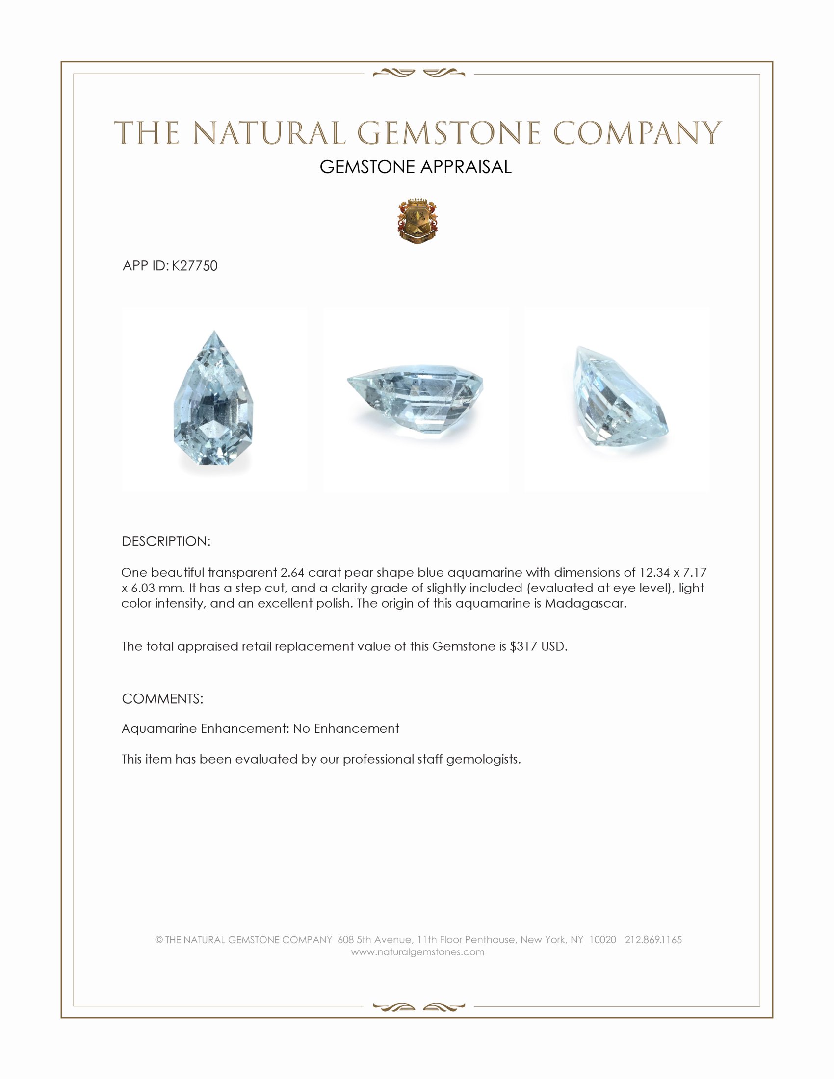 2.64 Ct. Blue Aquamarine from Madagascar