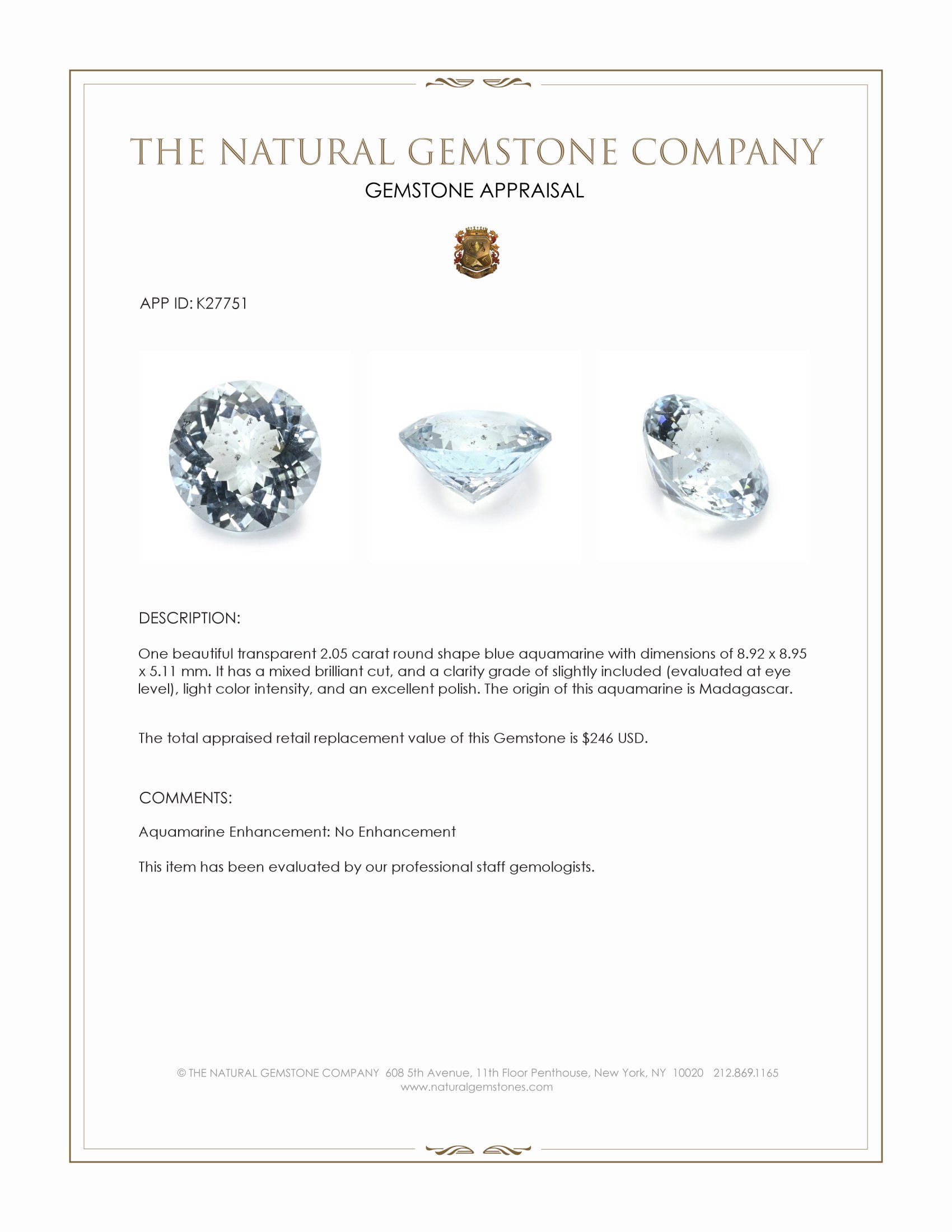 2.05 Ct. Blue Aquamarine from Madagascar