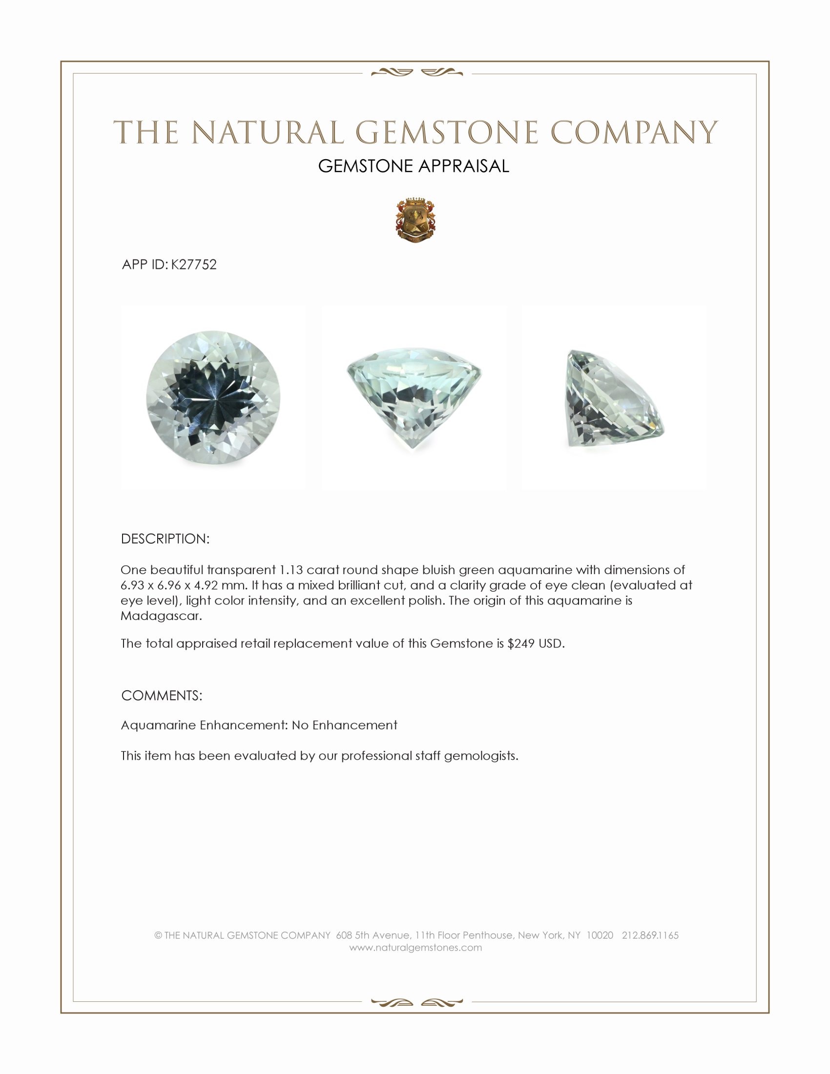 1.13 Ct. Bluish Green Aquamarine from Madagascar