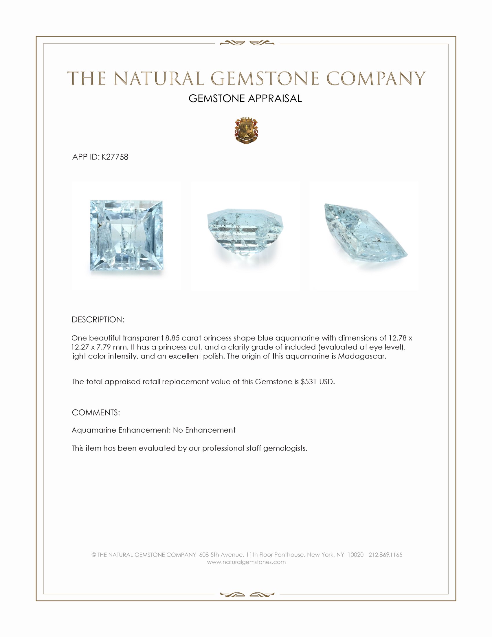 8.85 Ct. Blue Aquamarine from Madagascar