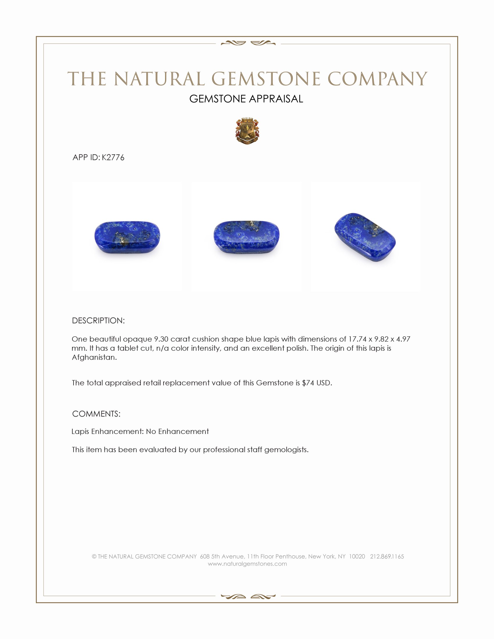 9.30 Ct. Lapis from Afghanistan