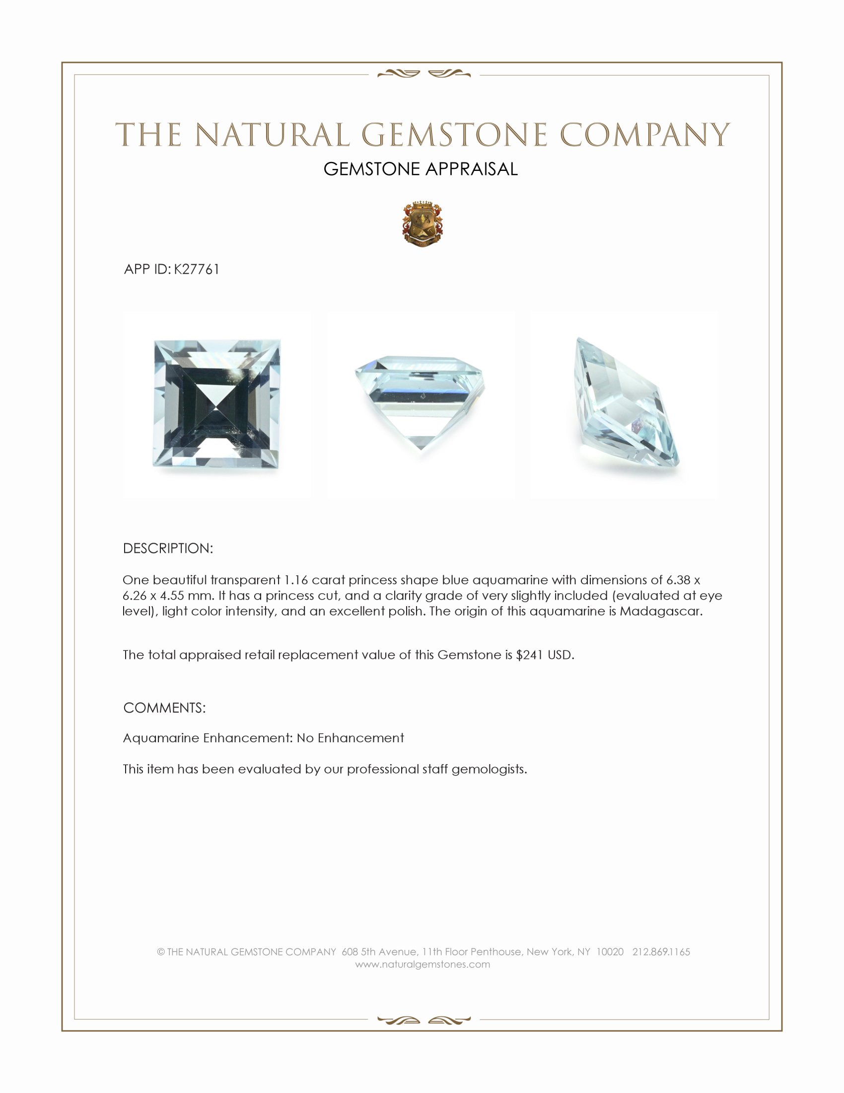 1.16 Ct. Blue Aquamarine from Madagascar