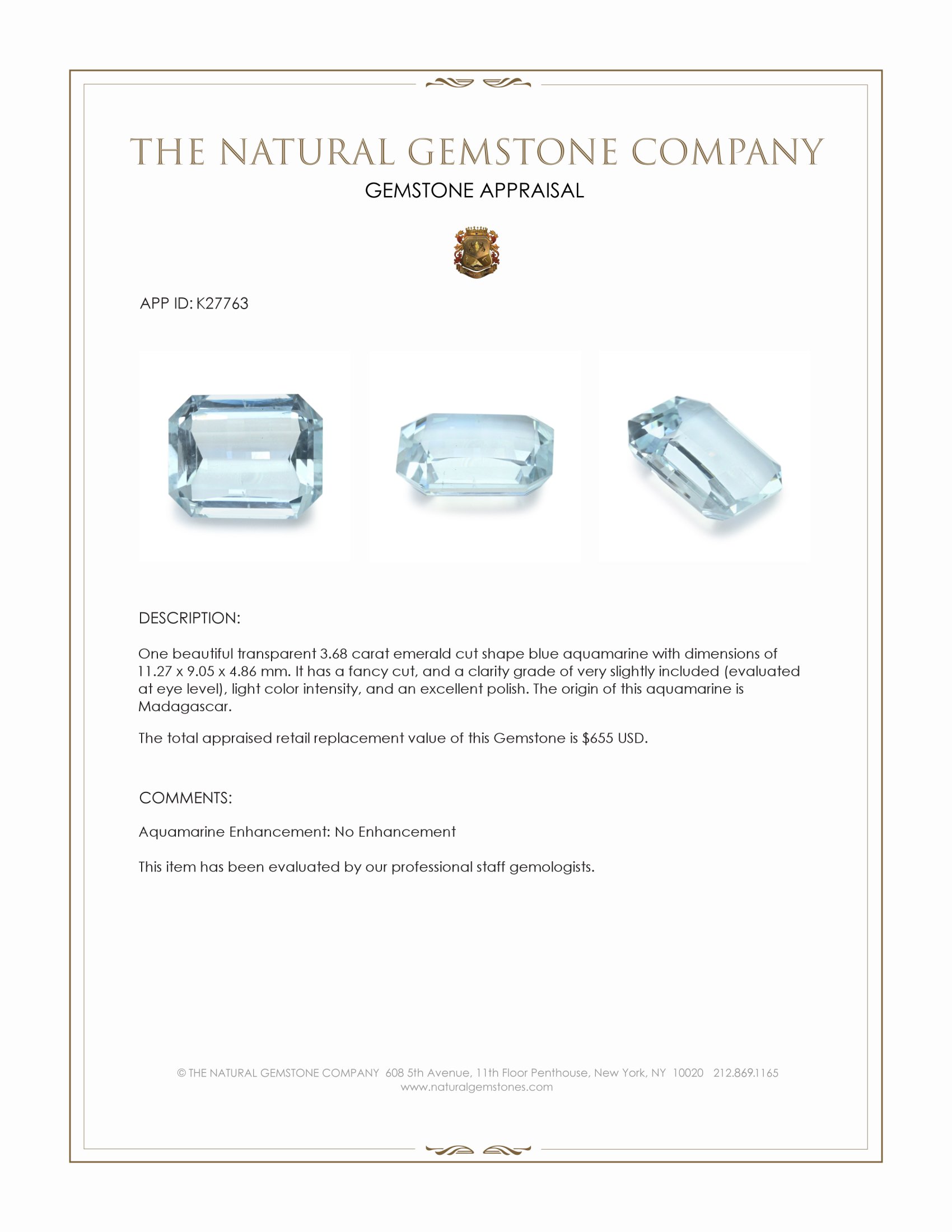 3.68 Ct. Blue Aquamarine from Madagascar