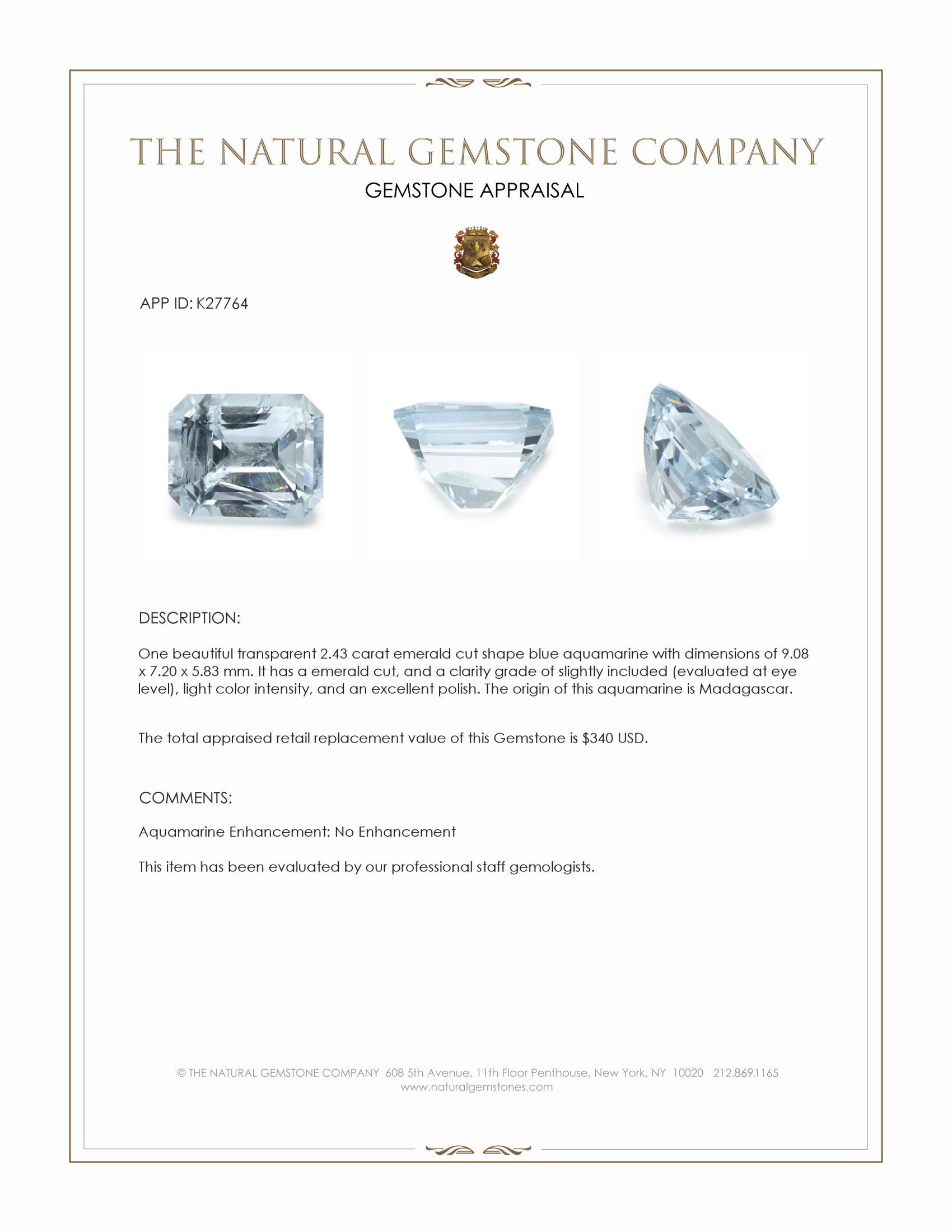 2.43 Ct. Blue Aquamarine from Madagascar