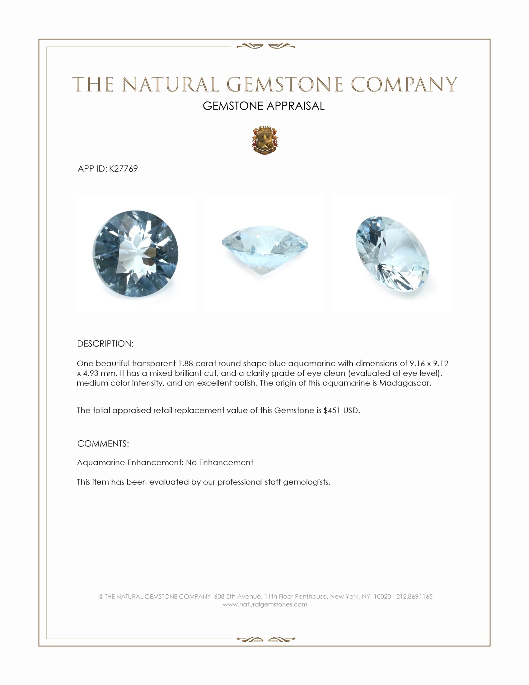 1.88 Ct. Blue Aquamarine from Madagascar